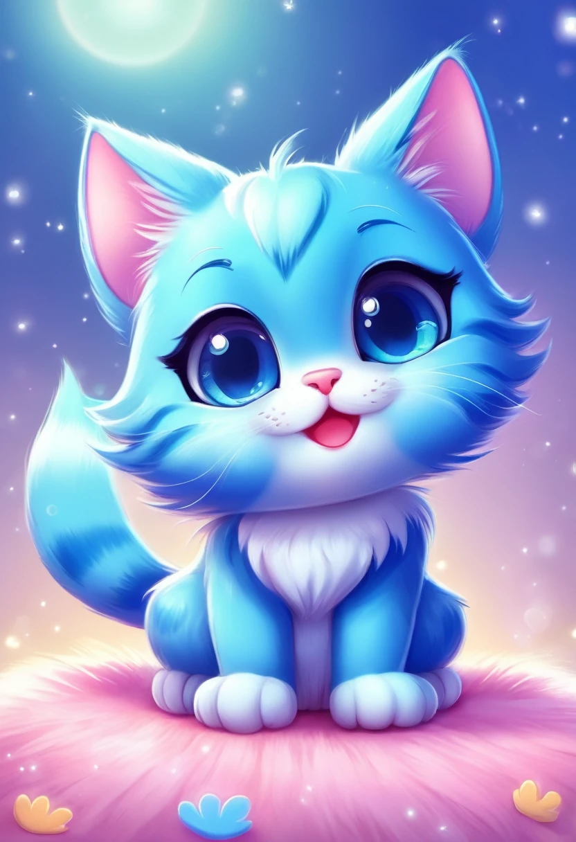 blue cat ,cute,Chibi style,illustration,ultra-detailed,playful, vivid colors,soft shading,large sparkly eyes,fluffy fur,paws up,bright background,smiling