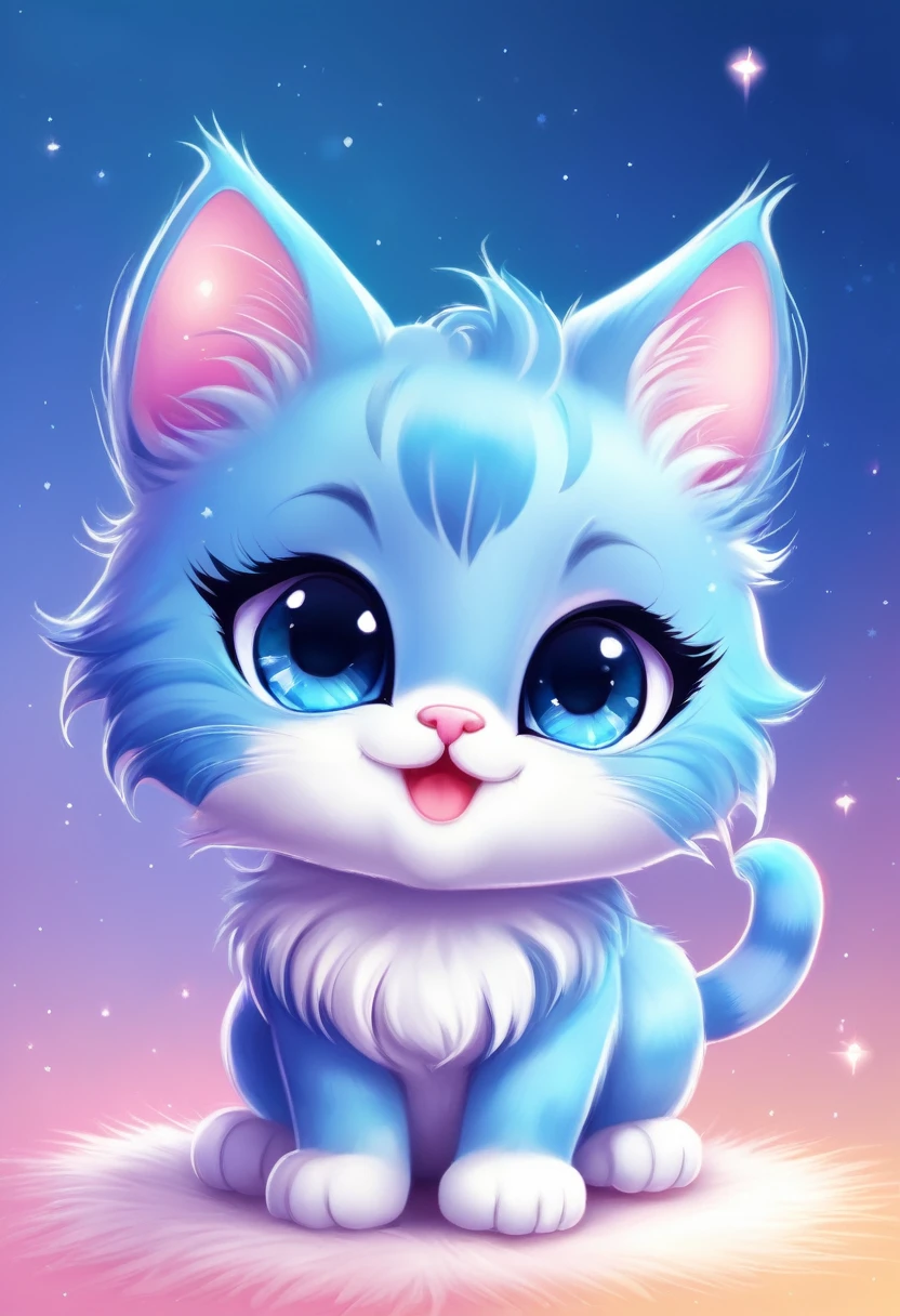 blue cat ,cute,Chibi style,illustration,ultra-detailed,playful, vivid colors,soft shading,large sparkly eyes,fluffy fur,paws up,bright background,smiling