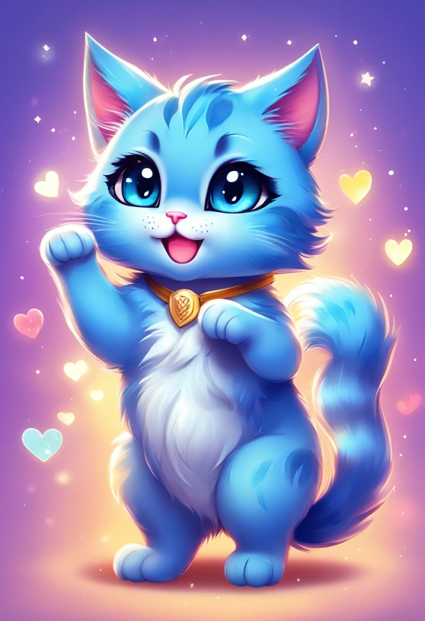 blue cat ,cute,Chibi style,illustration,ultra-detailed,playful, vivid colors,soft shading,large sparkly eyes,fluffy fur,paws up,bright background,smiling