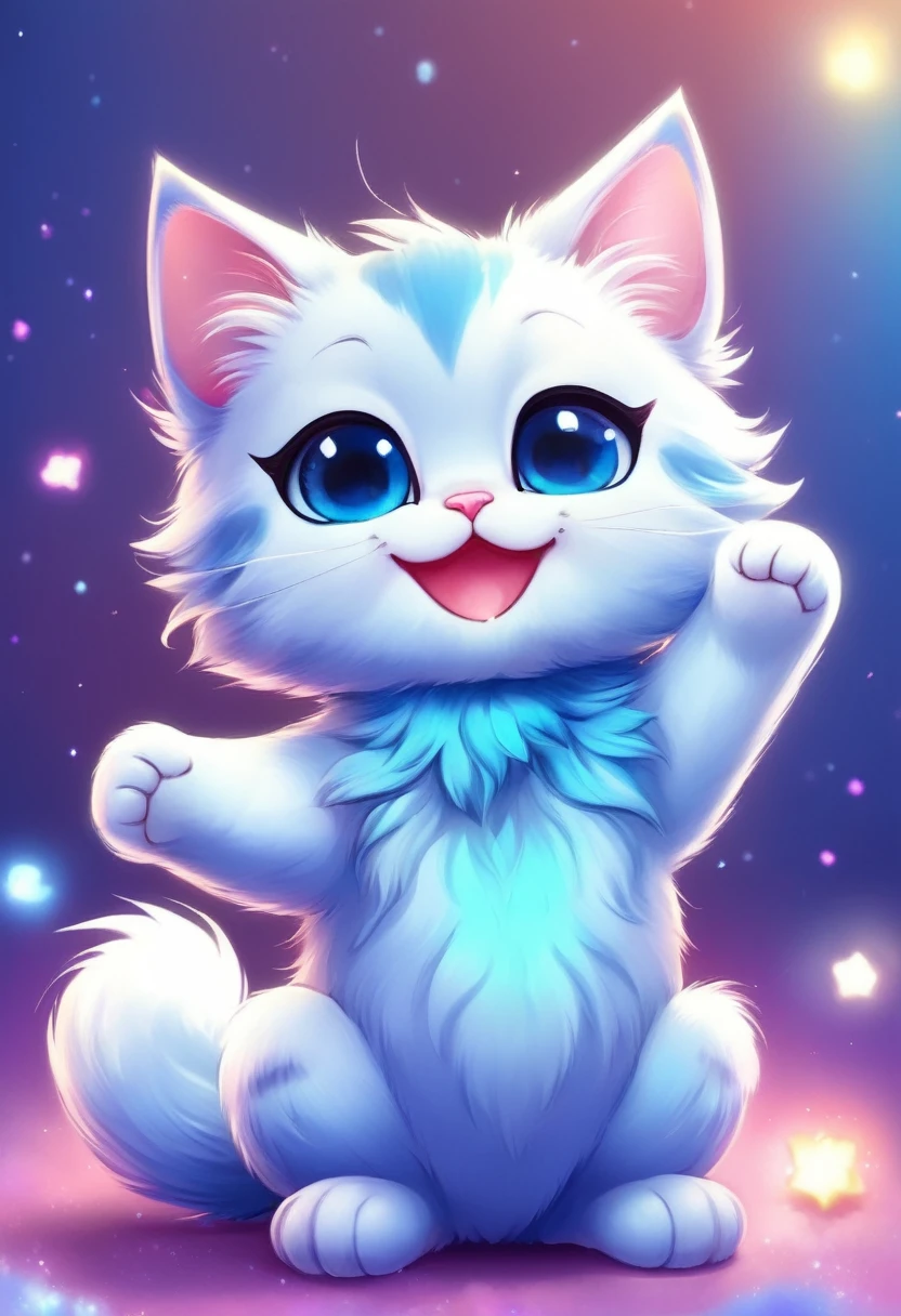 blue cat ,cute,Chibi style,illustration,ultra-detailed,playful, vivid colors,soft shading,large sparkly eyes,fluffy fur,paws up,bright background,smiling