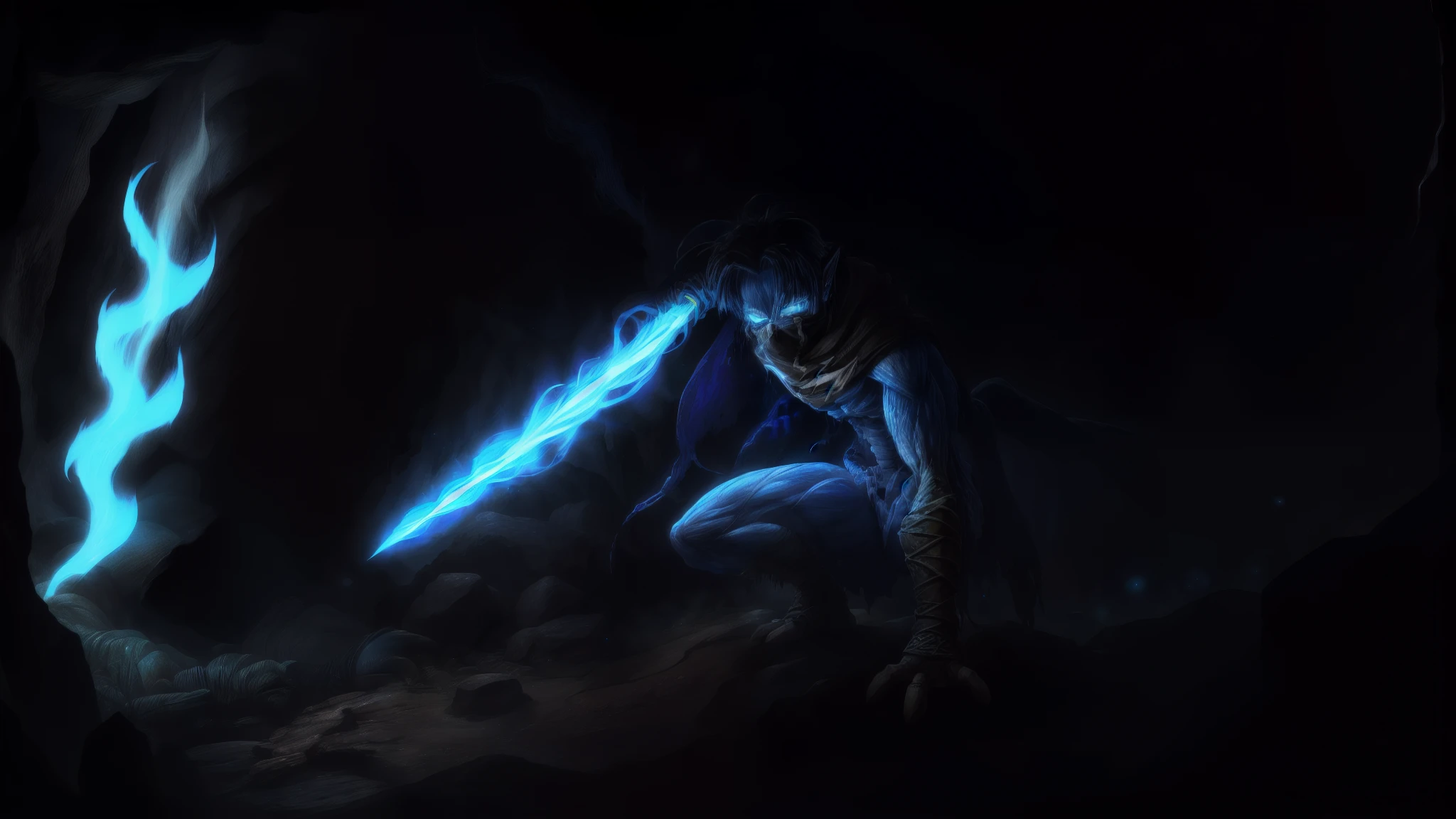 insane details, soft, (realistic:1), (highly detailed:1.2), masterpiece, 8k uhd, digital art, photo realistic illustration of raziel,(wearing neck gaiter), dutch angle, glowing white eyes ,looking away, from below, cave in background,light particles, iluminated by blue light, holding the soul reaver, magical sword, squatting,