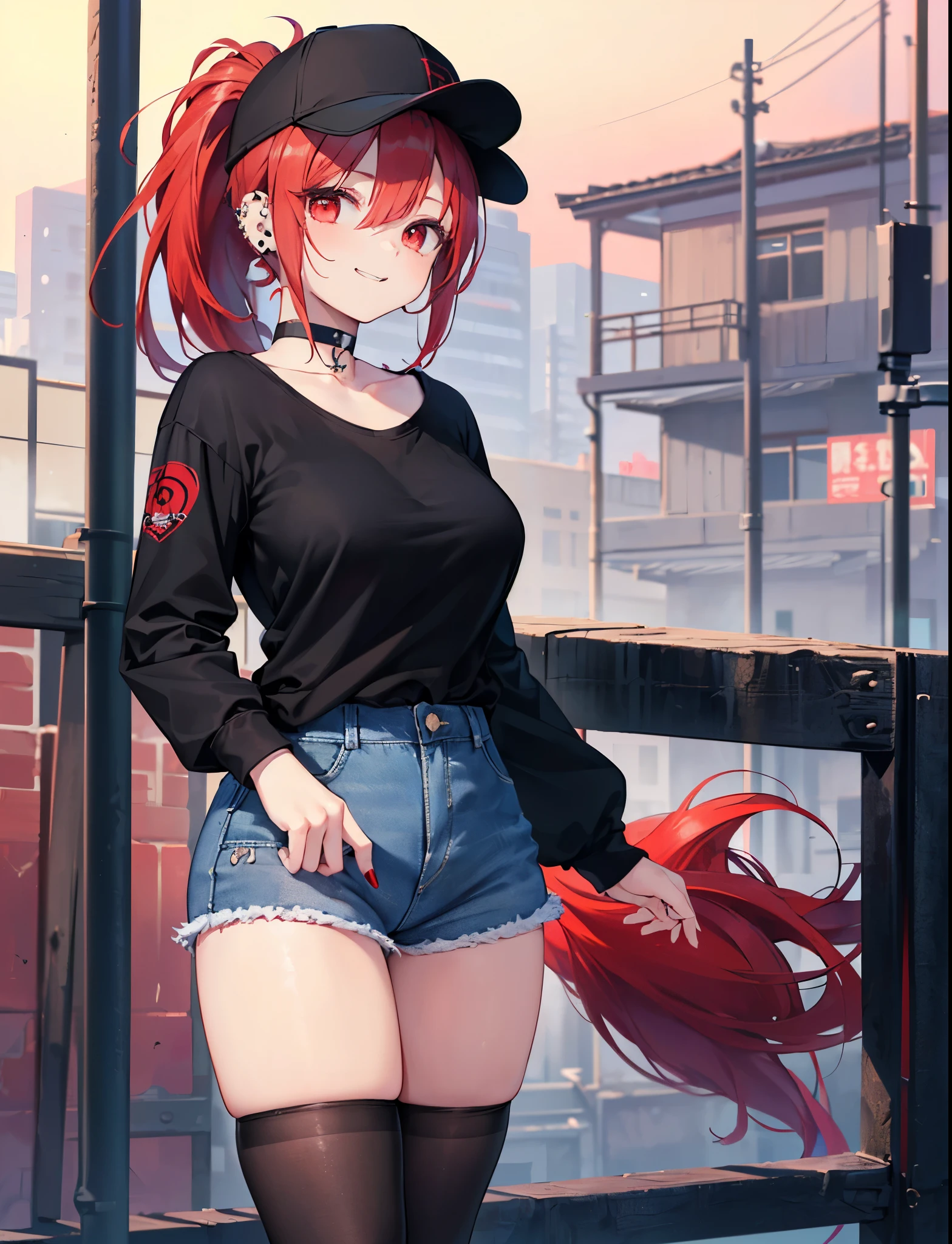 A girl with crimson red hair and maroon eyes with a black and red shirt that covers her whole torso and sweatpants and big breasts smiling and a background with volcanoes and fire