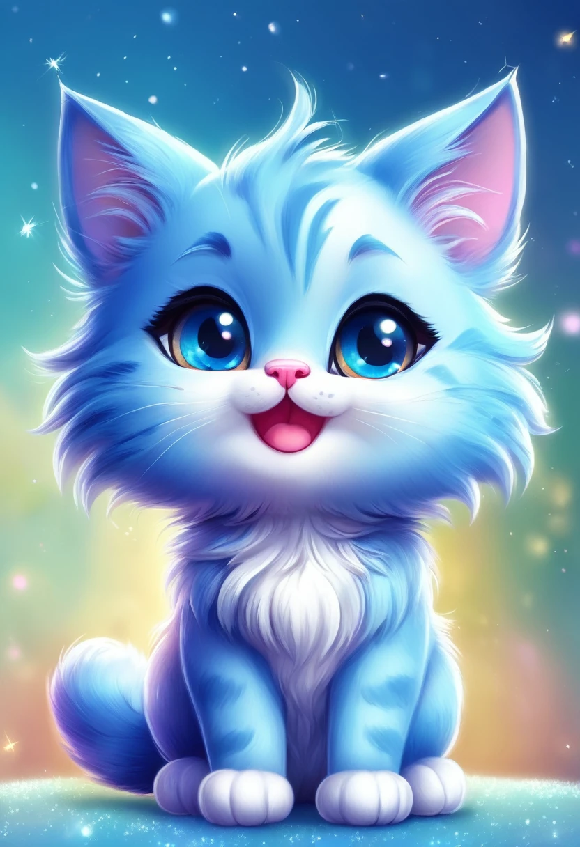 blue cat ,cute,Chibi style,illustration,ultra-detailed,playful, vivid colors,soft shading,large sparkly eyes,fluffy fur,paws up,bright background,smiling