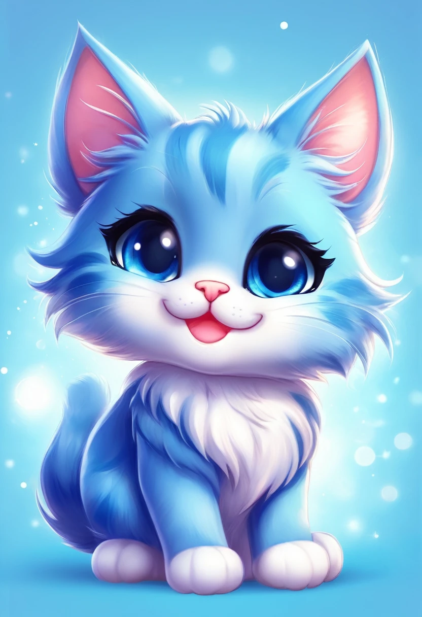 blue cat ,cute,Chibi style,illustration,ultra-detailed,playful, vivid colors,soft shading,large sparkly eyes,fluffy fur,paws up,bright background,smiling