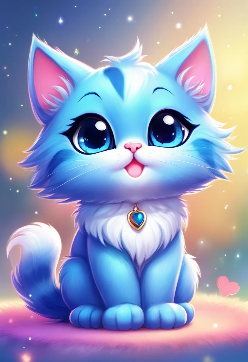 blue cat ,cute,Chibi style,illustration,ultra-detailed,playful, vivid colors,soft shading,large sparkly eyes,fluffy fur,paws up,bright background,smiling