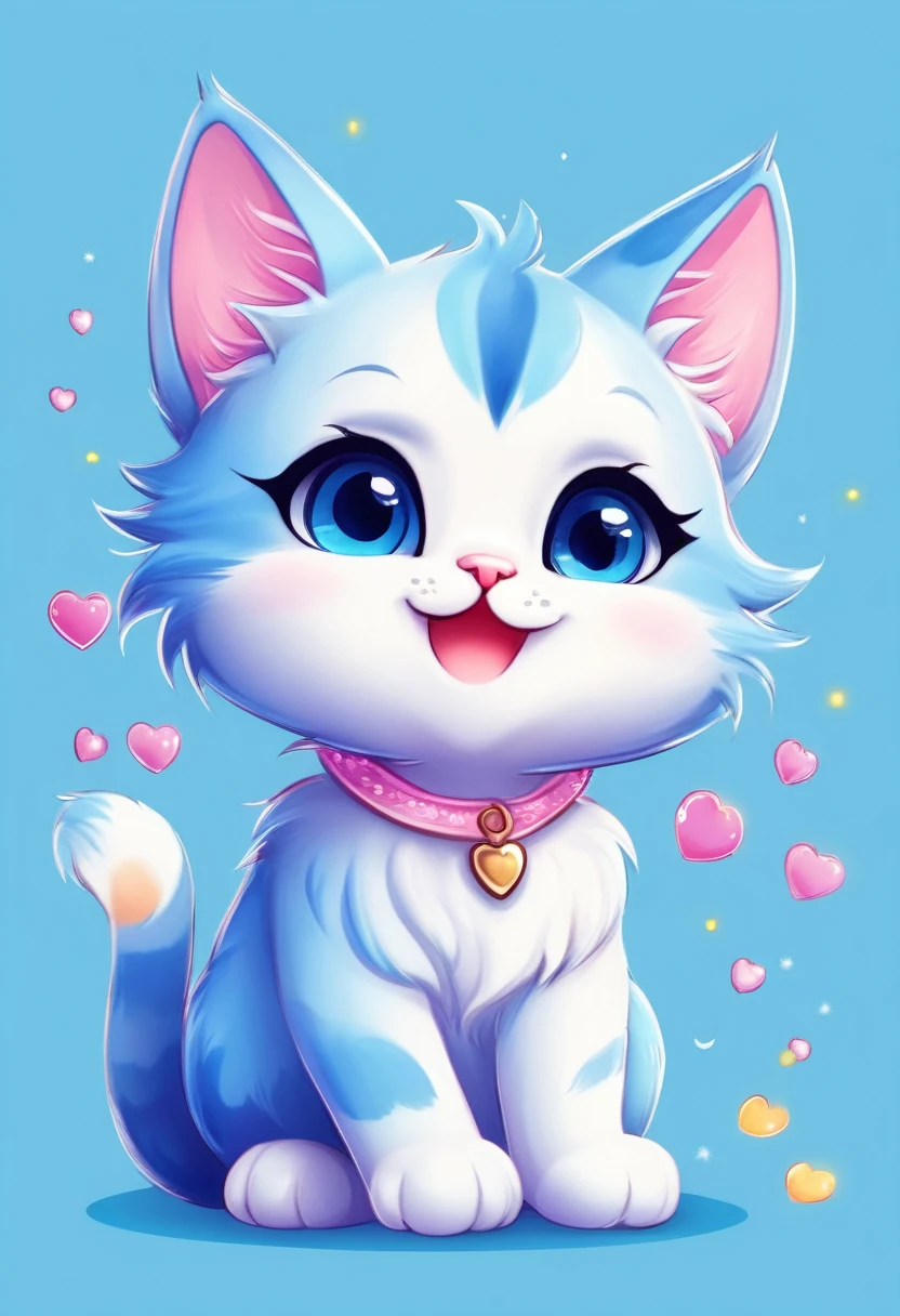 blue cat ,cute,Chibi style,illustration,ultra-detailed,playful, vivid colors,soft shading,large sparkly eyes,fluffy fur,paws up,bright background,smiling