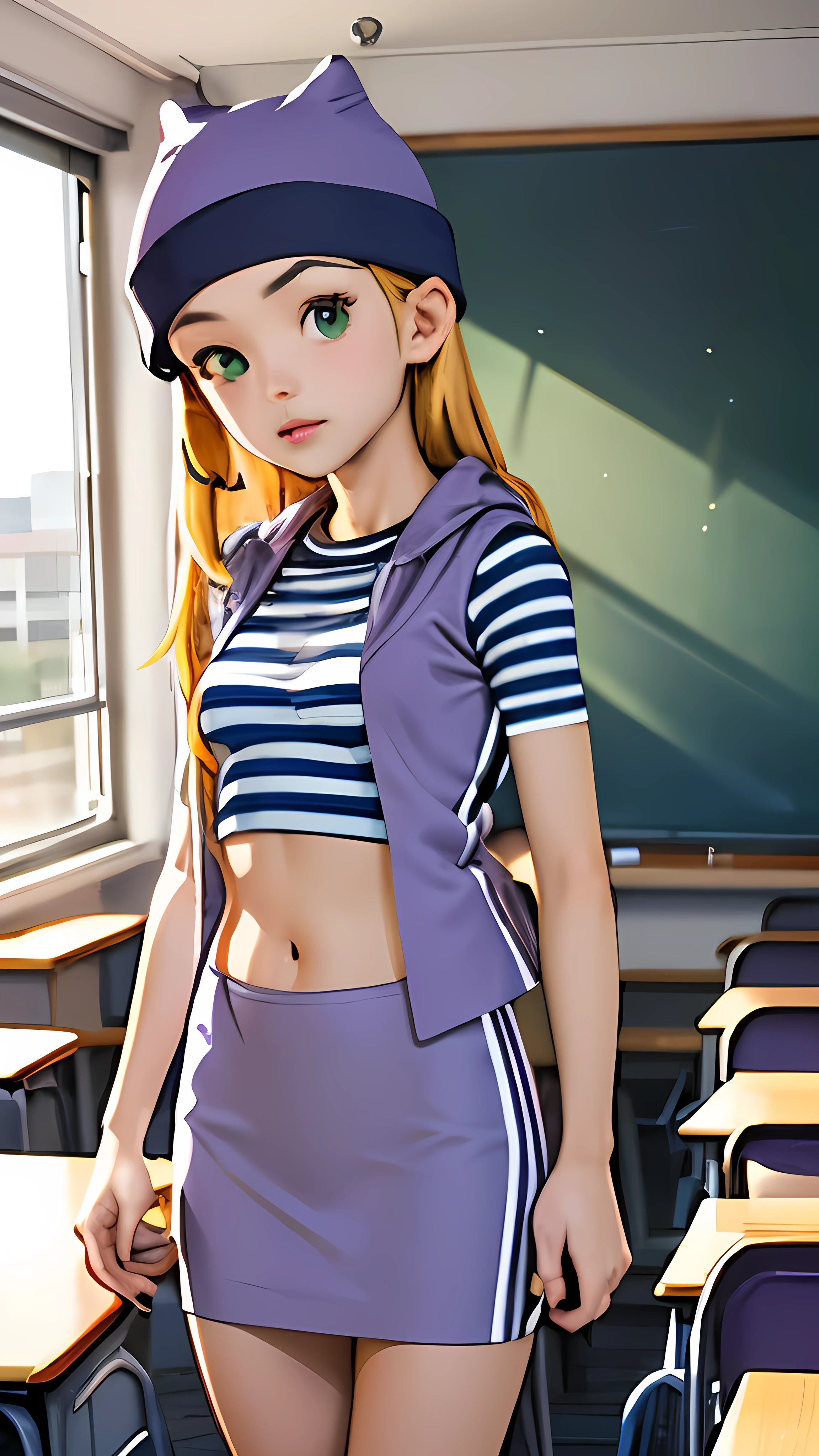 (masterpiece, best quality), 1girl, izumi Orimoto, indoors, classroom, green eyes, blonde hair, long hair, purple beanie, purple vest, purple miniskirt, blue white striped shirt, long purple socks, purple vest, striped shirt, navel shirt, small  size breast. rear view, looking at the viewer