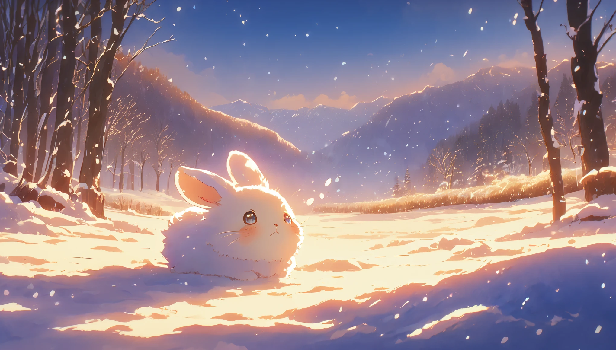 Create a close-up, animated illustration of a fluffy  bunny sitting in a field . Emphasize the soft fur, big eyes, and twitching nose of the bunny. The background should be a gentle, highlighting the cuteness and innocence of the babyny, by makoto shinkai, anime beautiful peace scene, beautiful anime scene, anime background art, anime landscape wallpaper, anime countryside , anime art wallpaper 4 k , anime art wallpaper 4k, beautiful anime scenery, anime art wallpaper 8 k, amazing wallpaper , Ultrawide , Winter , Snow , cold ,Forest