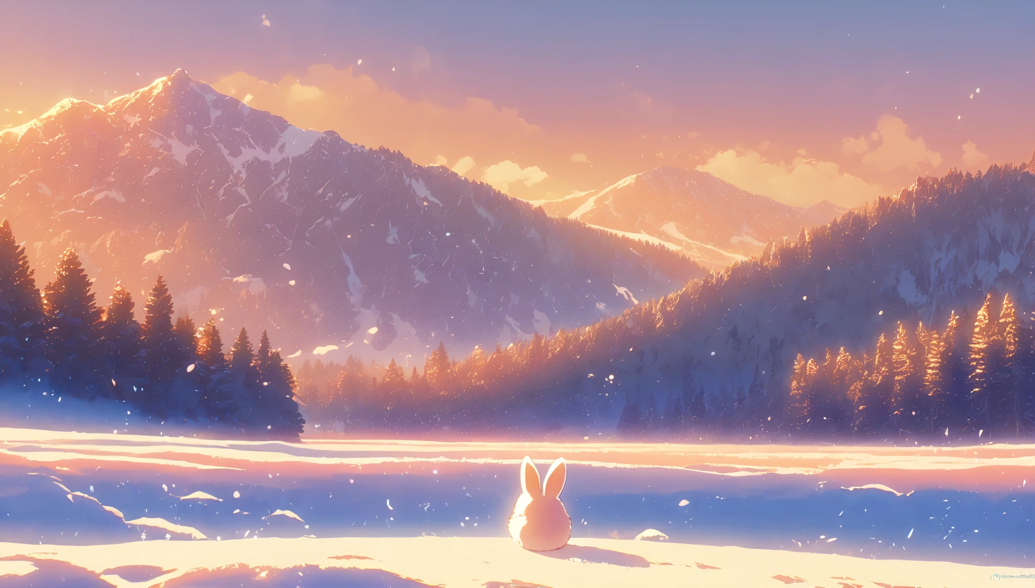 Create a close-up, animated illustration of a fluffy baby bunny sitting in a field . Emphasize the soft fur, big eyes, and twitching nose of the bunny. The background should be a gentle, highlighting the cuteness and innocence of the baby bunny, by makoto shinkai, anime beautiful peace scene, beautiful anime scene, anime background art, anime landscape wallpaper, anime countryside , anime art wallpaper 4 k , anime art wallpaper 4k, beautiful anime scenery, anime art wallpaper 8 k, amazing wallpaper , Ultrawide , Winter , Snow , cold ,Forest