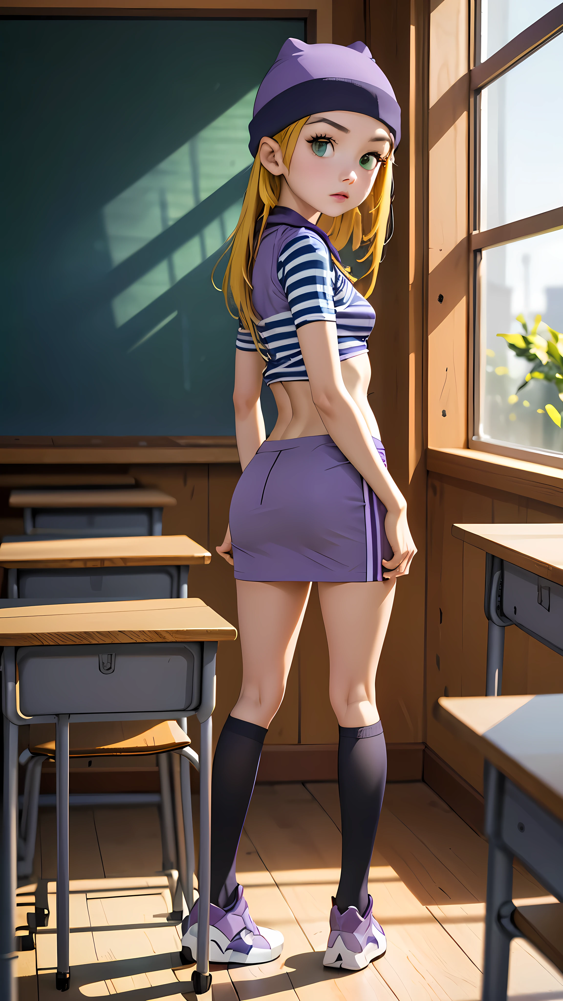 (masterpiece, best quality), 1girl, izumi Orimoto, indoors, classroom, green eyes, blonde hair, long hair, purple beanie, purple vest, purple miniskirt, blue white striped shirt, long purple socks, purple vest, striped shirt, navel shirt, small  size breast. rear view, looking at the viewer