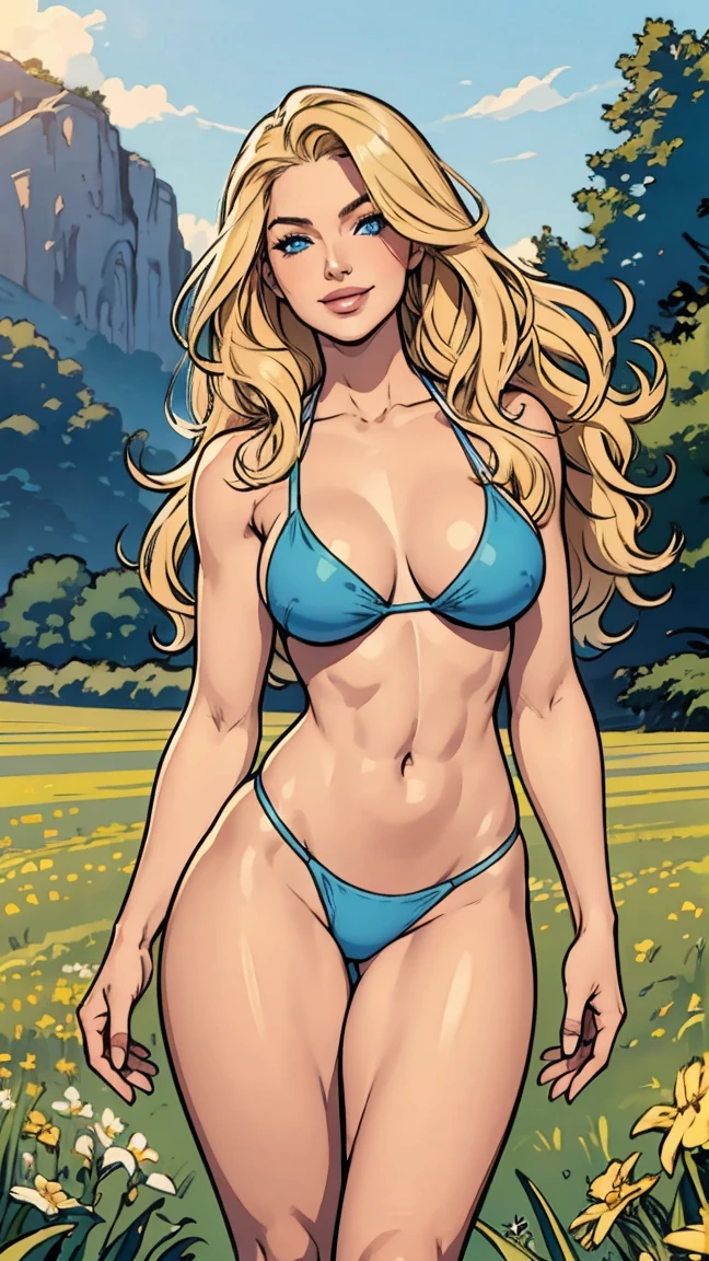 Beautiful French woman, 20 years old, long blonde hair, fair skin, blue eyes and beautiful hair, (beautiful smile), full lips, full lips, beautiful body, thick thighs, (wears a small light blue bikini) posing in the field, grass, daylight, dynamic pose, high definition, perfect anatomy, very beautiful,