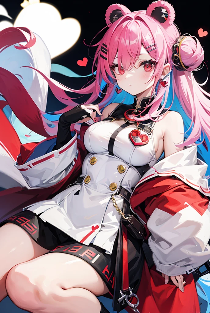 Red and white hair, wearing headphones, hair blocking one eye, wearing a costume with feathers, wearing a white miniskirt with a black bow tie, bare legs, wearing a pair of thick white booties with a large and covered foot, boots decorated with pink round patterns, purple eyes, Uta One Piece, One Piece's Uta, Uta's beautiful portrait, fan art, the character is her natural pose, woman full body art, wearing little, sexy, close-up, upper body