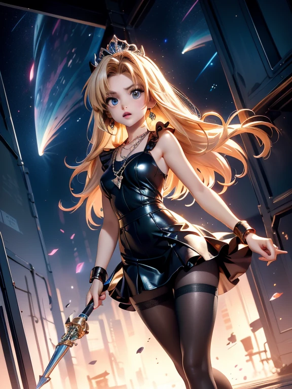 Idol Stage, idol dress, aesthetic, extremely detailed, masterpiece, best quality, Tyndall effect, light beams, stage lights, 1girl, solo, long hair, thighhighs, on stage, looking up, light scattering, volumetric lighting, spotlights, rays, atmosphere, octane render, 8k