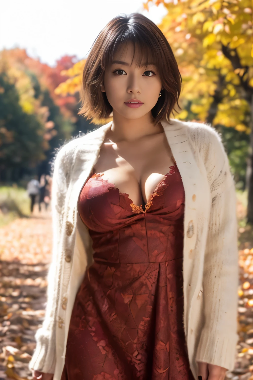 photorealistic, Real Photo, anatomically correct, accurate, textured skin, super detail, 
whole body, 1 girl, beautiful Japanese woman, 
look at viewer, Natural Makeup, 
chignon, 
medium breasts, Cleavage, Glamorous Body, Plum Thighs, 
Bend down to pick up fallen leaves, 
(wearing a long dress, dress is red and decorated with lace, White short-length cardigan over the dress,), 
(Autumn forest, red leaves all over the ground:1.4), Autumnal tree in the foreground,  
A pleasant breeze, natural lighting, (backlighting), (face light), blurred background, depth of field, UHD, 8k