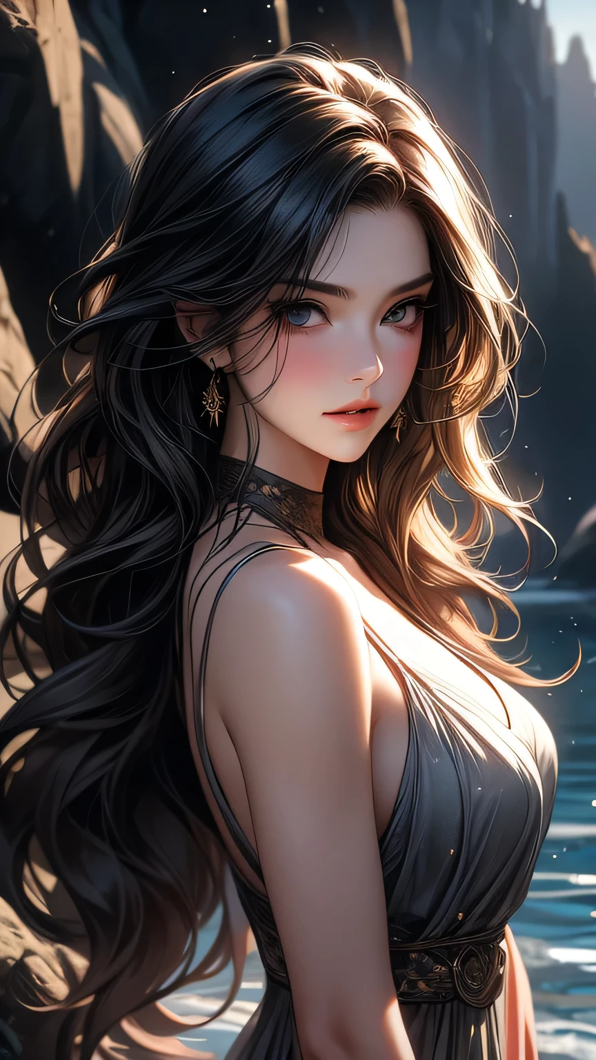 (masterpiece, ultra high quality, high resolution, 10, convoluted: 1.2), (detailed face:1.2), (realistic), Goddess of Immortality, pure white skin, perfect face, detailed skin, big bust, pink nipples, ((Black dress)), fluid dynamics, golden tiara, Golden Trinkets, (Upper body nude), naked breasts, Exposed breasts, Long black hair with thick waves, orgasm, superior, golden iris, brilliant golden halo, ((full body image)), elegant, romanticism, The most beautiful form of chaos, dreamwave, cowboy shot, Black hair, Golden eyes, Magical, Galaxy, Sex, Darkness, abyss space background, Black diamond, Black crystal, Black ice, Model body, Smoke, Green, tiffany blue, Aquamarine, dreamy magic, Pastel tones, Bewitching, Sexually aroused.