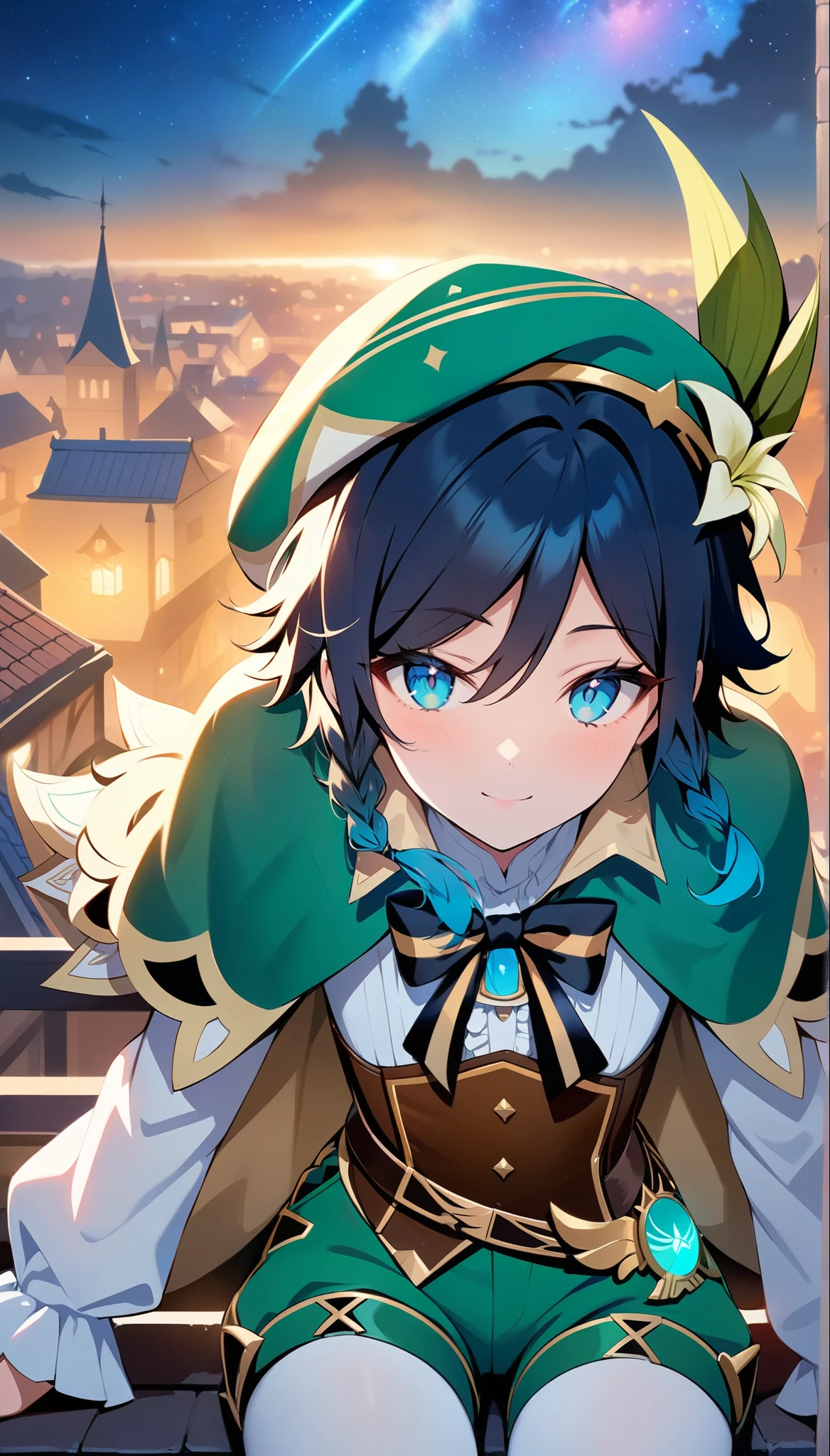 (best quality,4k,8k,highres,masterpiece:1.2),1boy,venti_\(genshin_impact\),sitting on a roof in a fantasy german city,mondstad,(face focus,detailed face and clear eyes),flat chest,realistic:.5,night time,ladyshadow,bluegreen eyes,mysterious smile,green cape,white long sleeved shirt,leather corset,(puffy green shorts),(plain white tights),green hat, dark night scene, starry sky with nebula,dark,low light,deep blue lighting,darkness