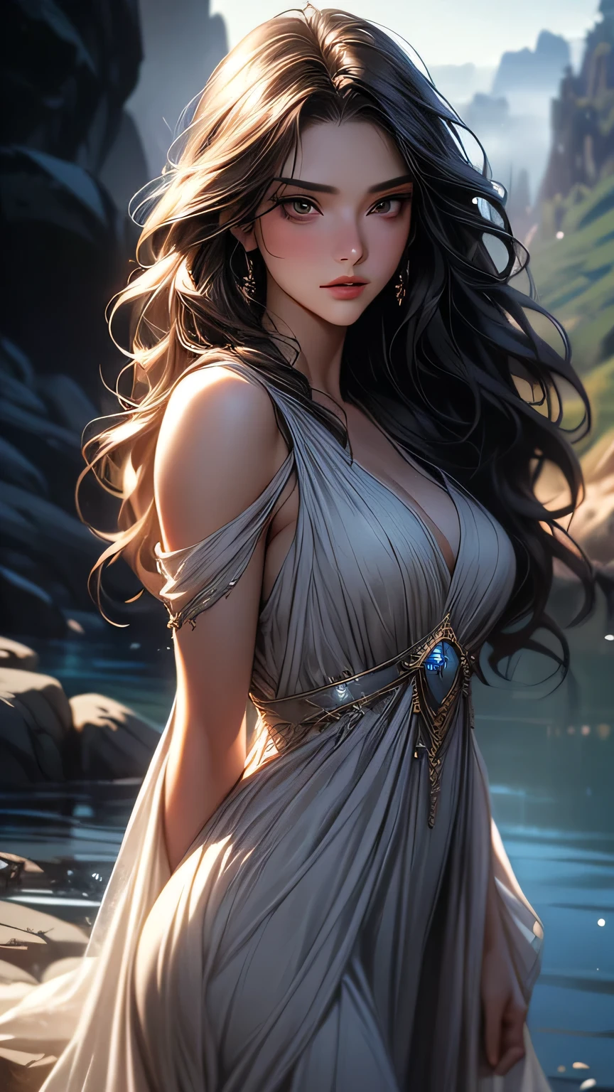 Beautiful brunette woman, 25 years old, stunning body, expressive and clear face, crystal clear eyes, full mouth, long dark curly hair, cheerful, white dress with gold details with straps, large breasts, gold jewelry earrings and necklace, nature background, waterfall, light in the background, light hitting the hair from behind, perfect hands, breathtaking image, 8k, HDR.