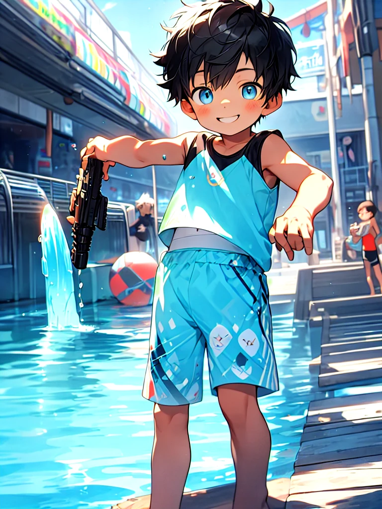 (Shota:1.5),(((Highest quality))),(((masterpiece))),(((Very detailed))),(((High resolution))),One person,Short sleeveTshirt,Short shorts,White socks,Blue sneakers,Cheerful boy,Japanese,Buzz Cut,(((Spiked Hair))),Black Hair,(Point pupils),Skinny body,Baby Face,smile