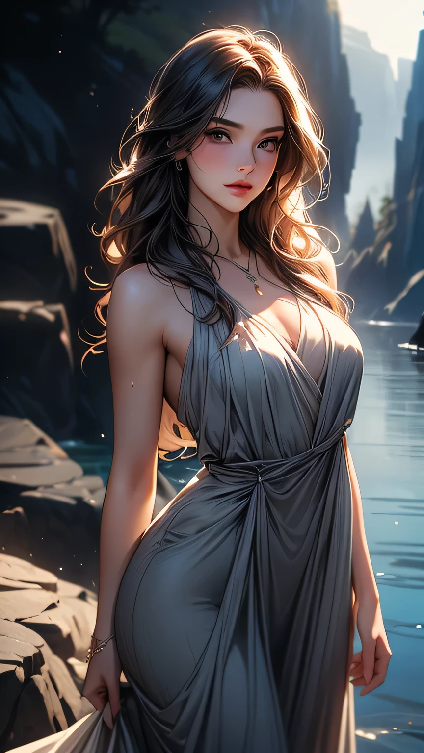 The best one,Yuna,Final Fantasy 10,FF10,Medium Hair,Brown hair,Let your bangs down,Beautiful green and blue odd eyes,,Beautiful and tall nose,Photorealistic,Ultra HD,high quality,masterpiece,Digital SLR,Detailed details,Intricate details,Anatomical basis,Depicted in detail,A detailed face,Realistic skin texture,Vivid details,Perfect ???????,Perfect ???????,Anatomically correct hand,Anatomically correct fingers,Super Detail,Complex 3D rendering,Huge ,Sexy pose,Final Fantasy 10の美しい世界,White long dress,Beautiful night sky,A beach with a beautiful starry sky,Fantastic beaches,Fantasy worldview,Picturesque,Pink Lips,smile,