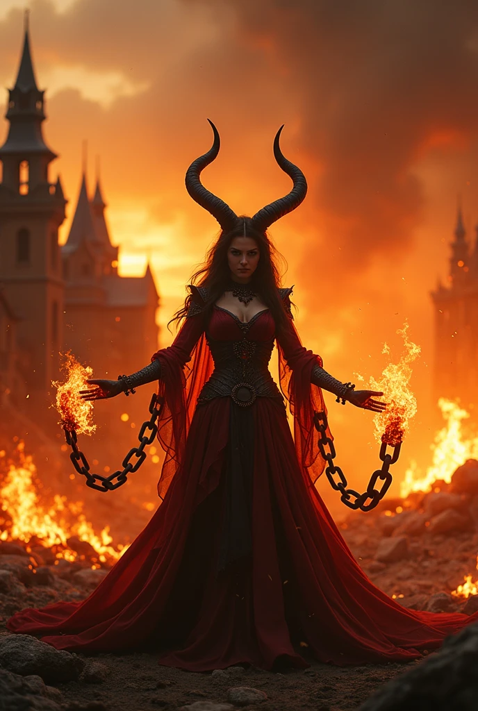 (extremely detailded 8k wallpaper) +, a medium shot of a demonic sorceress conjuring fire on a burning and destroyed village, various burning chains around her,intrikate, high détail, Dramatic, without horn, Masterpiece of best quality, photorrealistic, detailded, 8k, HDR, backlight, flowering, Chromatic aberration, sharp focus, Post-apocalyptic,