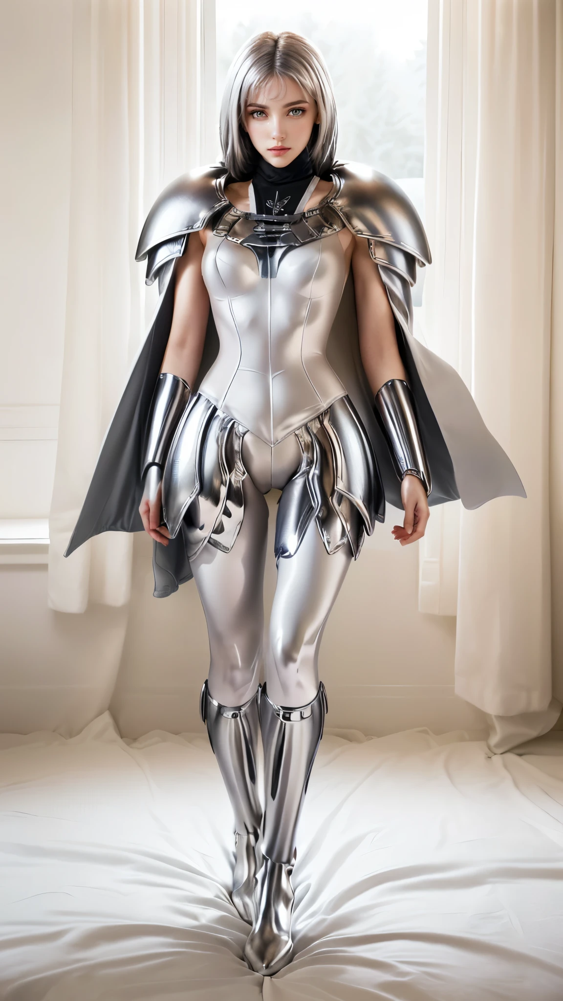 there is a woman in a silver costume standing on a bed, Female Knight Bikini Armor, skintight silver armor, with sleek silver armor, dressed in ethereal battle armor, covered in full silver armor, girl in knight armor, dressed in light armor, angel in plastic armor, beautiful armor, pale black armor, silver armor, sleek silver armor, wearing witch blade armor, anime claymore, light grey eyes body armor, PERSEPHONE, forest background 