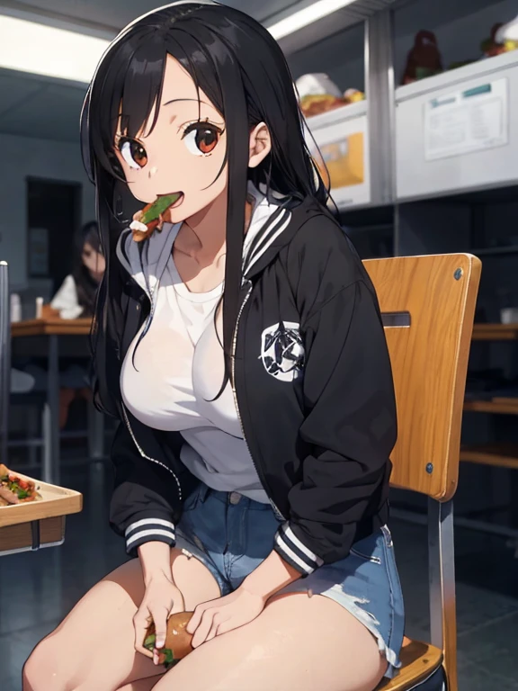 1 female, teenage girl, light skin, black long dread, huge breast, thick legs, high school jacket, white t-shirt, jean short, in high school, happy face, sitting down, in the chair, eating, hotdog
