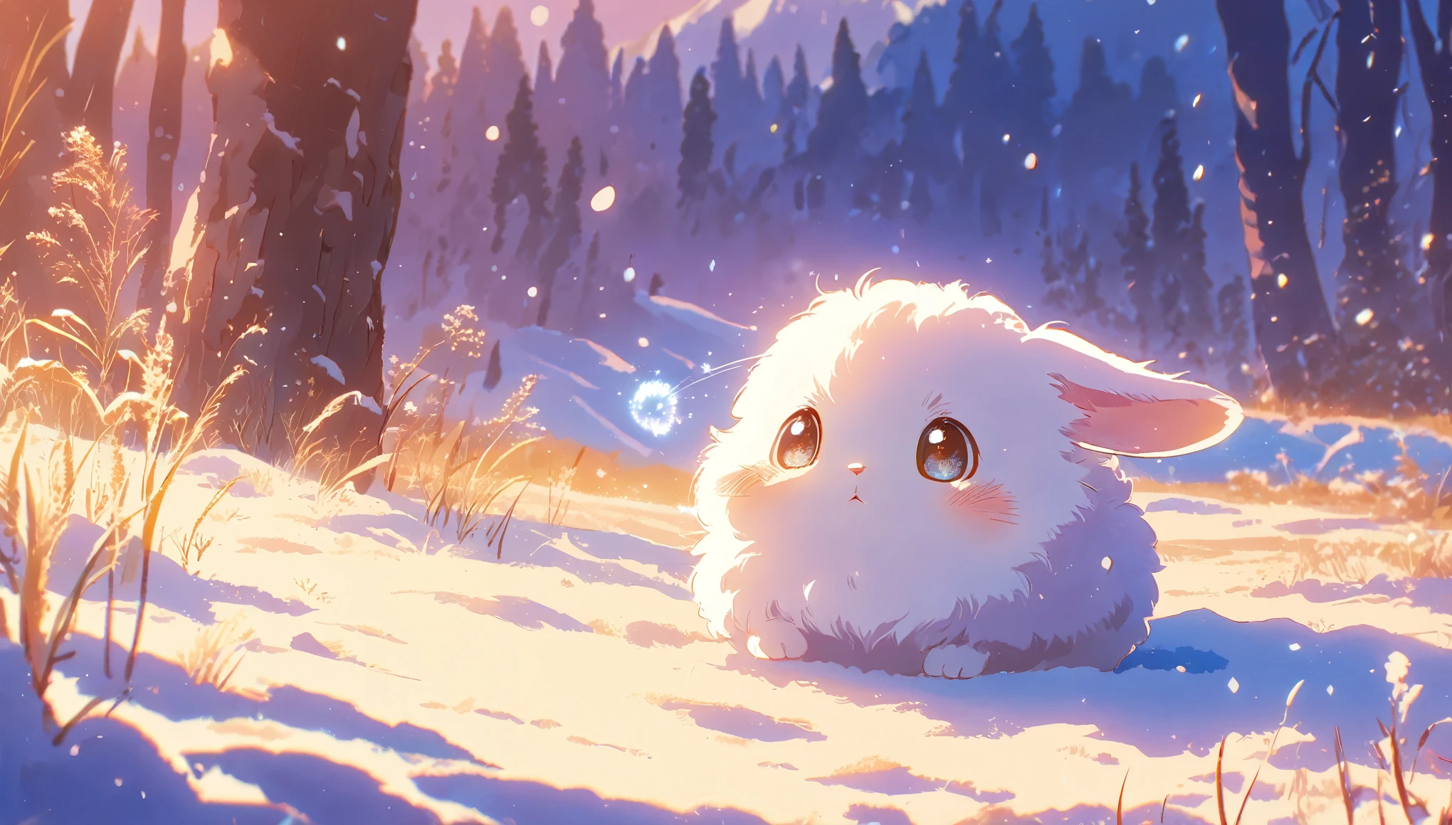 Create a close-up, animated illustration of a fluffy baby bunny sitting in a field . Emphasize the soft fur, big eyes, and twitching nose of the bunny. The background should be a gentle, highlighting the cuteness and innocence of the baby bunny, by makoto shinkai, anime beautiful peace scene, beautiful anime scene, anime background art, anime landscape wallpaper, anime countryside , anime art wallpaper 4 k , anime art wallpaper 4k, beautiful anime scenery, anime art wallpaper 8 k, amazing wallpaper , Ultrawide , Winter , Snow , cold ,Forest