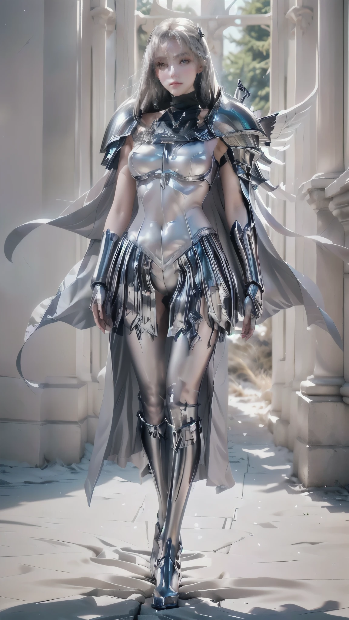 there is a woman in a silver costume standing on a bed, Female Knight Bikini Armor, skintight silver armor, with sleek silver armor, dressed in ethereal battle armor, covered in full silver armor, girl in knight armor, dressed in light armor, angel in plastic armor, beautiful armor, pale black armor, silver armor, sleek silver armor, wearing witch blade armor, anime claymore, light grey eyes body armor, PERSEPHONE, forest background 