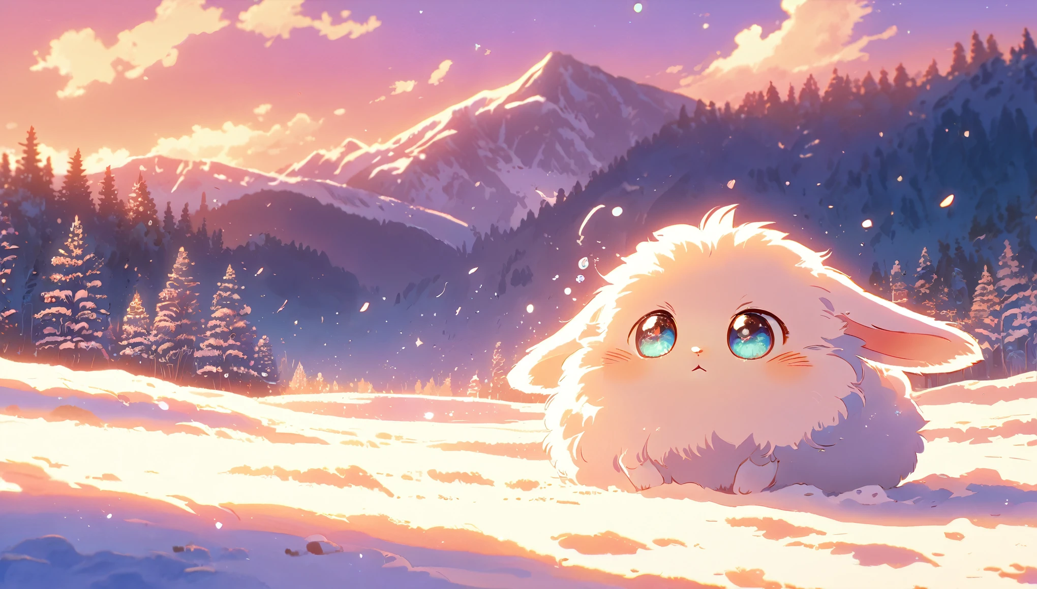 Create a close-up, animated illustration of a fluffy baby bunny sitting in a field . Emphasize the soft fur, big eyes, and twitching nose of the bunny. The background should be a gentle, highlighting the cuteness and innocence of the baby bunny, by makoto shinkai, anime beautiful peace scene, beautiful anime scene, anime background art, anime landscape wallpaper, anime countryside , anime art wallpaper 4 k , anime art wallpaper 4k, beautiful anime scenery, anime art wallpaper 8 k, amazing wallpaper , Ultrawide , Winter , Snow , cold ,Forest