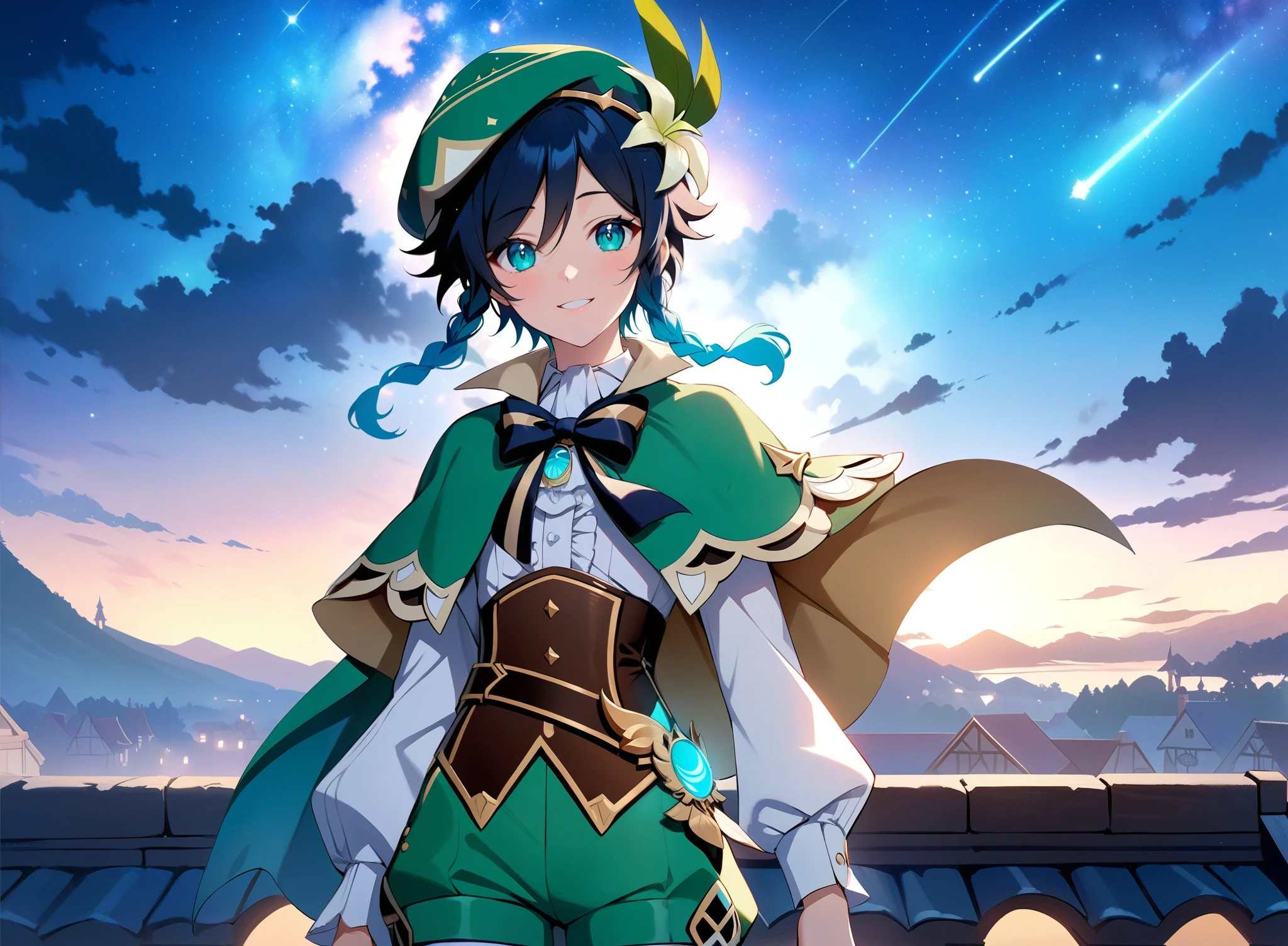 (best quality,4k,8k,highres,masterpiece:1.2),1boy,venti_\(genshin_impact\),standing on a roof in a fantasy german city,mondstadt,(face focus,detailed face and clear eyes),flat chest,realistic:.5,night time,ladyshadow,bluegreen eyes,mysterious smile,green cape,white long sleeved shirt,leather corset,(puffy green shorts),(plain white tights),green hat, dark night scene, starry sky with nebula,dark,low light,deep blue lighting,darkness