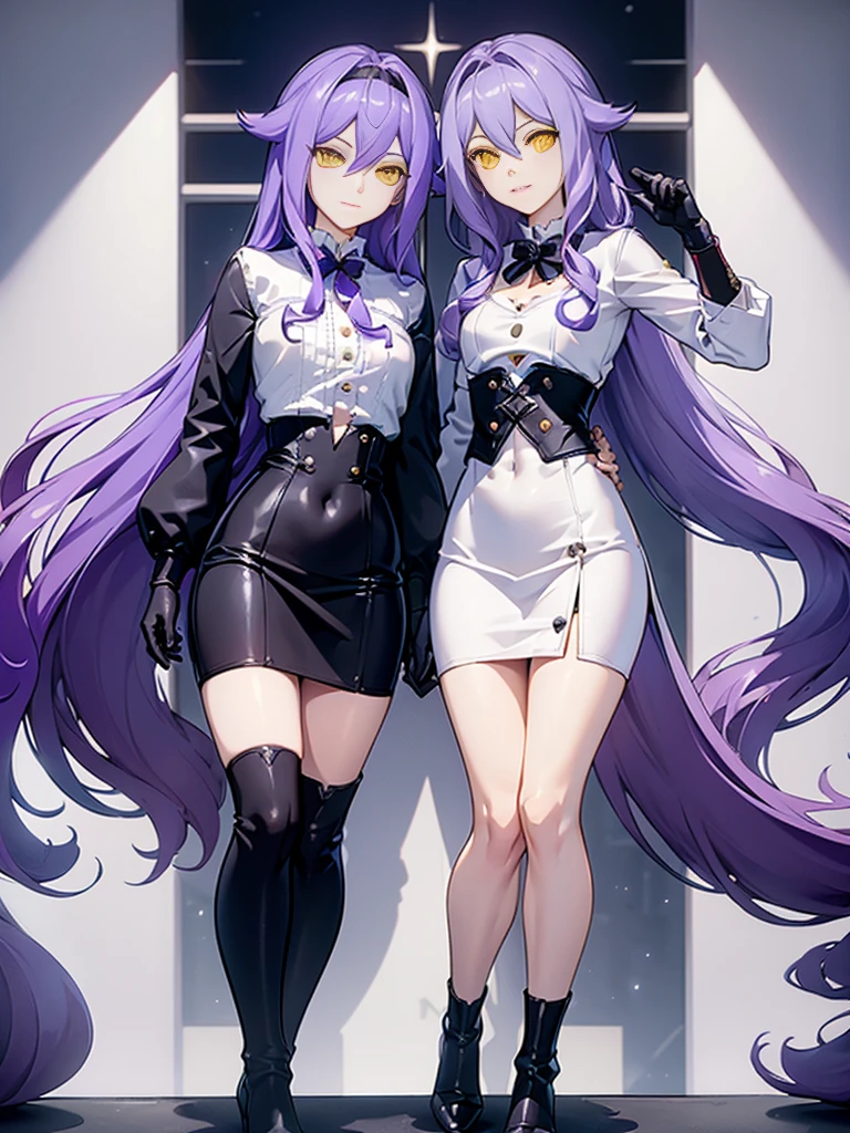 ((Masterpiece)),(( The best quality)), (detailed), expressive eyes, (Perfect face), 1 girl, (standing), (Sirin, Honkai Impact), (long purple hair), (yellow eyes, ojos detaileds), (sensual lips), (serious expression), showing smile, (slim build), View from the front, holds a pair of hand scissors, choker:1.6, (White collar button-down shirt with white long sleeves), Black gloves, gloves that cover the hands, (black leather corset), (shiny black miniskirt), (black boots), (tailoring), by day