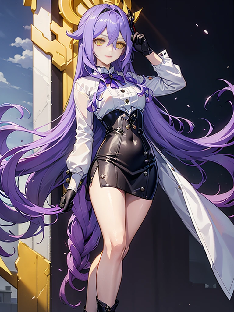 ((Masterpiece)),(( The best quality)), (detailed), expressive eyes, (Perfect face), 1 girl, (standing), (Sirin, Honkai Impact), (long purple hair), (yellow eyes, ojos detaileds), (sensual lips), (serious expression), showing smile, (slim build), View from the front, holds a pair of hand scissors, choker:1.6, (White collar button-down shirt with white long sleeves), Black gloves, gloves that cover the hands, (black leather corset), (shiny black miniskirt), (black boots), (tailoring), by day