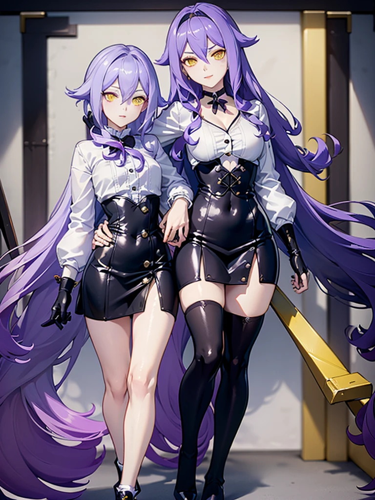 ((Masterpiece)),(( The best quality)), (detailed), expressive eyes, (Perfect face), 1 girl, (standing), (Sirin, Honkai Impact), (long purple hair), (yellow eyes, ojos detaileds), (sensual lips), (serious expression), showing smile, (slim build), View from the front, holds a pair of hand scissors, choker:1.6, (White collar button-down shirt with white long sleeves), Black gloves, gloves that cover the hands, (black leather corset), (shiny black miniskirt), (black boots), (tailoring), by day