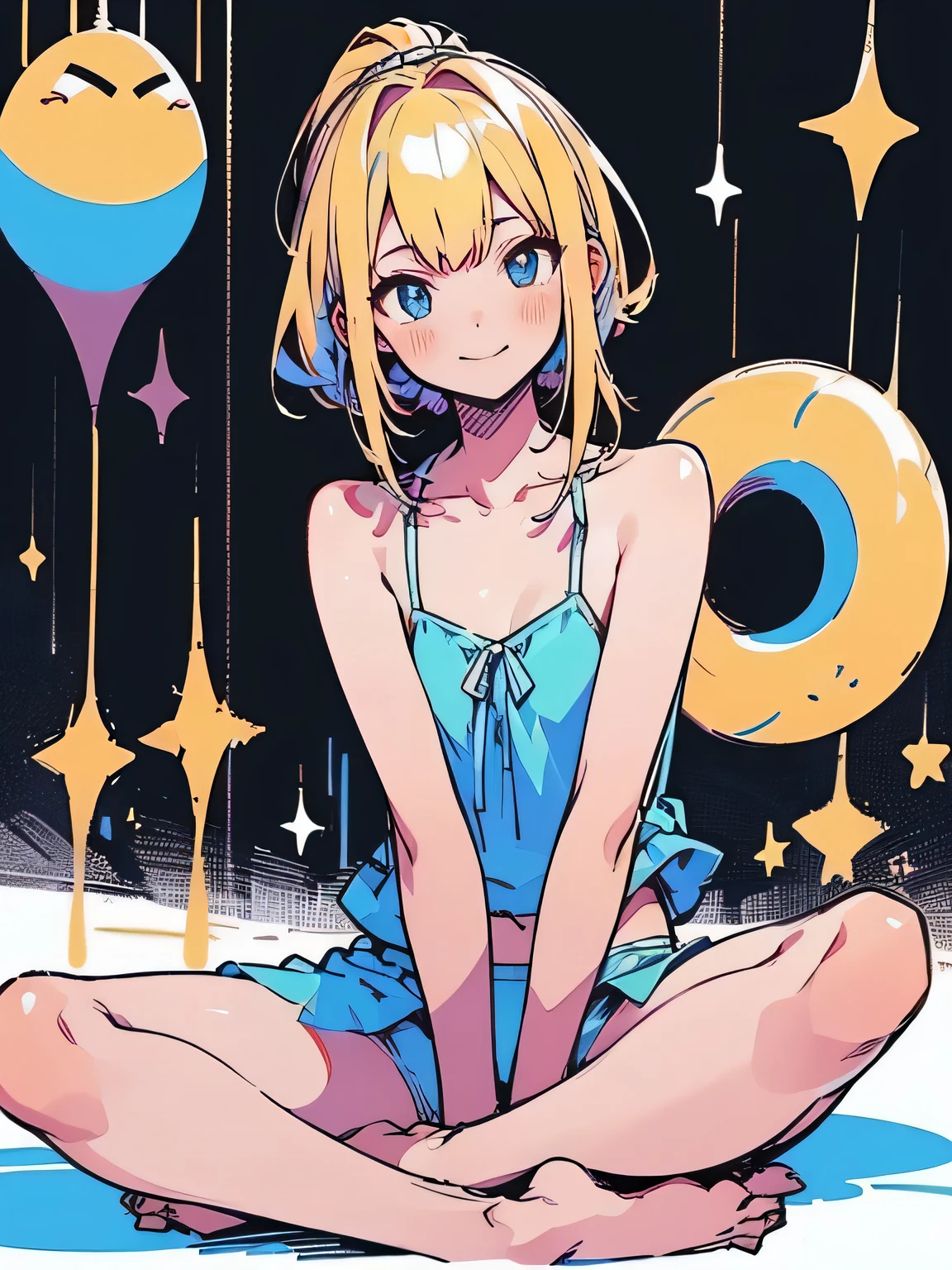 Men in blue school swimsuits have sex with women, often masturbating in the cowgirl position(Cowgirl has sex inside)eye green、woman blonde hair、short hair、bracelet、gem+++.In the living room at night, The area around the bed is pink...... Living room around my bed guys sex gets wet