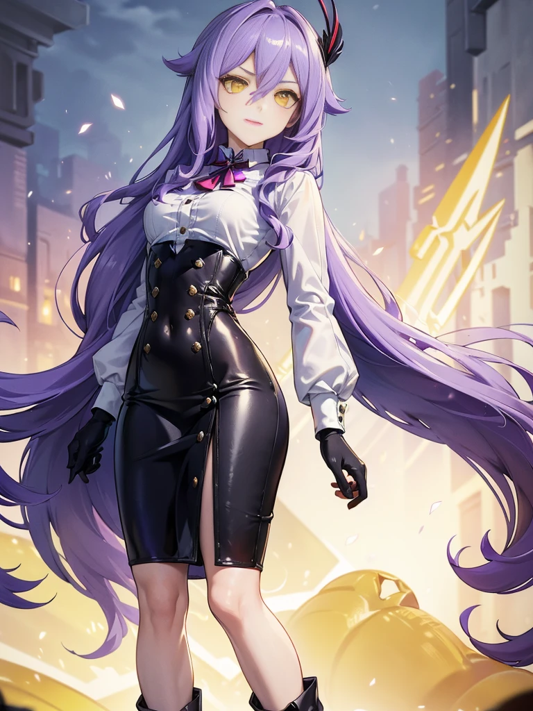 ((Masterpiece)),(( The best quality)), (detailed), expressive eyes, (Perfect face), 1 girl, (standing), (Sirin, Honkai Impact), (long purple hair), (yellow eyes, ojos detaileds), (sensual lips), (serious expression), showing smile, (slim build), view from behind, perfect ass, holds a pair of hand scissors, choker:1.6, (White collar button-down shirt with white long sleeves), Black gloves, gloves that cover the hands, (black leather corset), (shiny black miniskirt), (black boots), (tailoring), by day