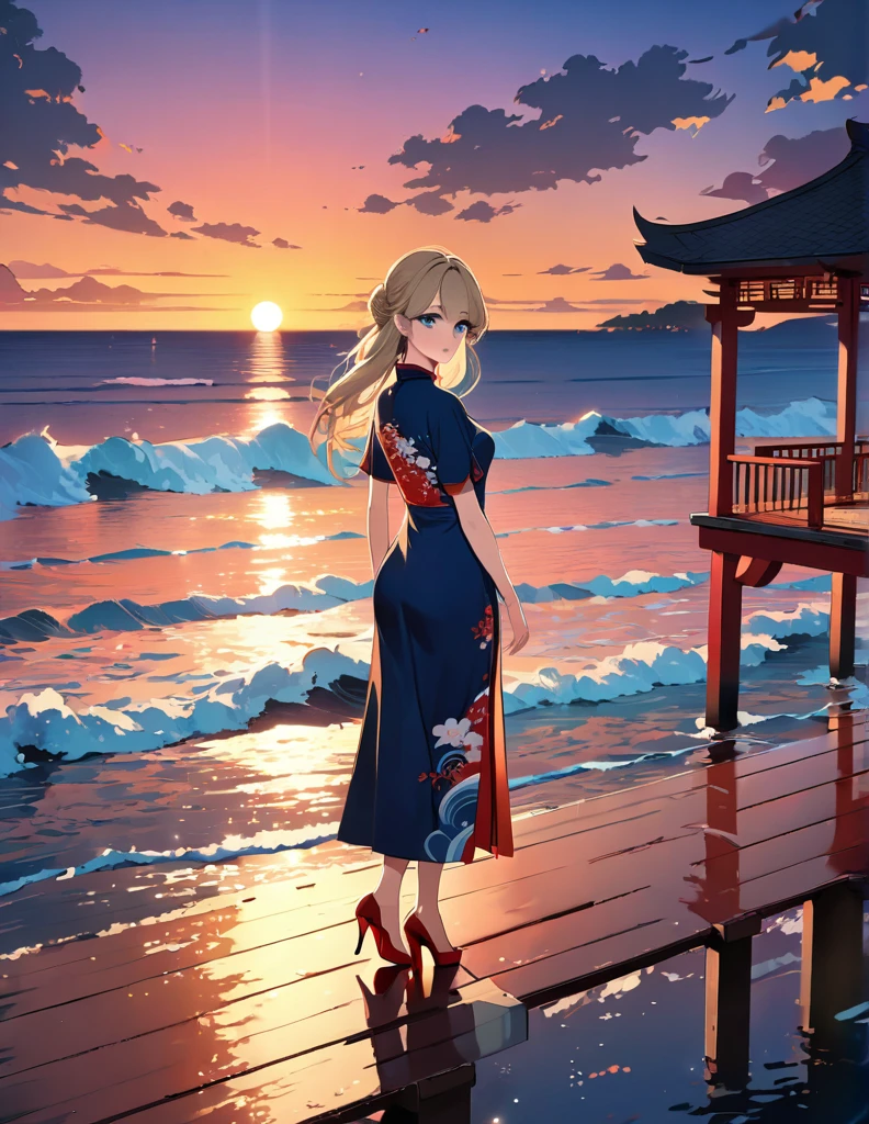 (masterpiece, best quality:1.2), illustration, anime, (wide shot), model shoot, long dark blonde hair, dark blue eyes, pretty lips, beautiful faces, beautiful eyes, Japanese traditional China dress, red high heel, back lighting, standing on pier, (ocean, glittering water surface), waves, scenery summer pier background, vibrant color, sunset, 8K, ultra HD
