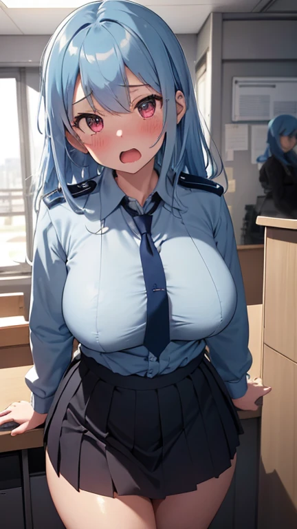 (explicit content warning) [(masterpiece: 1.1, Best Quality: 1.1), shy girl in uniform showing, emphasis, panties, steep, slightly 0.8 blue hair, Wet, huge breasts, the biggest breasts in the world