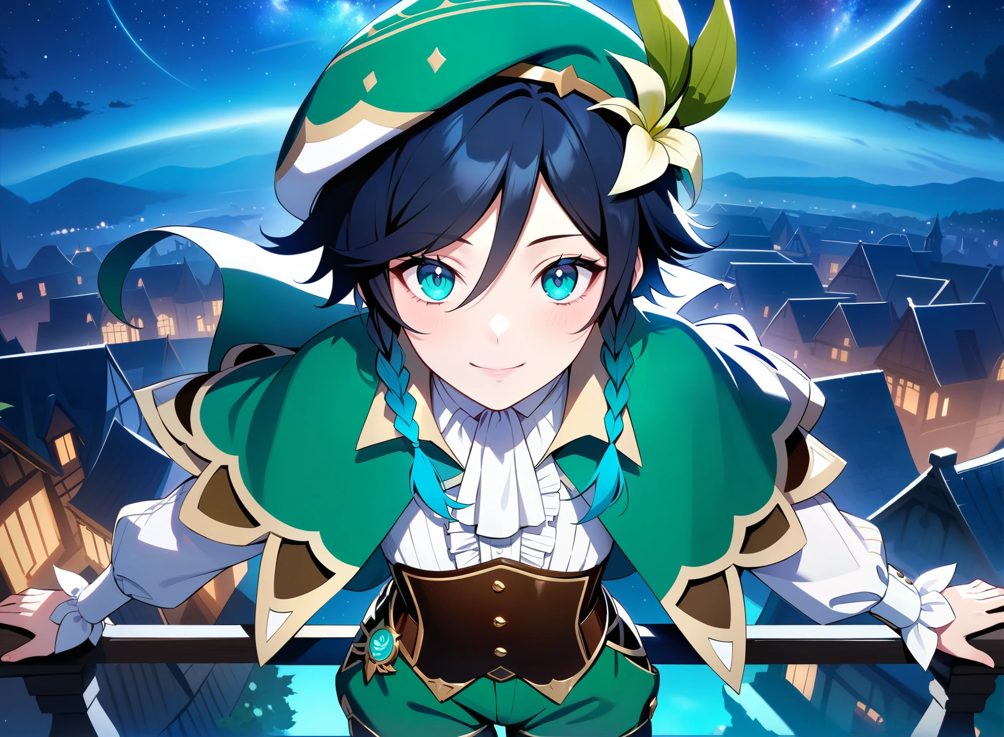 (best quality,4k,8k,highres,masterpiece:1.2),1boy,venti_\(genshin_impact\),standing on a roof in a fantasy german city,mondstadt,(face focus,detailed face and clear eyes),flat chest,realistic:.5,night time,ladyshadow,bluegreen eyes,mysterious smile,green cape,white long sleeved shirt,leather corset,(puffy green shorts),(plain white tights),green hat, dark night scene, starry sky with nebula,dark,low light,deep blue lighting,darkness,very dark,no artificial light, cowboy shot