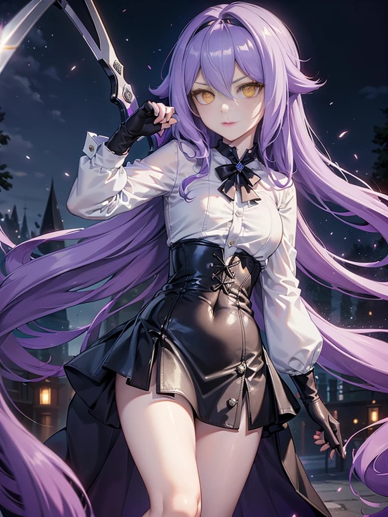 ((Masterpiece)),(( The best quality)), (detailed), expressive eyes, (Perfect face), 1 girl, (standing), (Sirin, Honkai Impact), (long purple hair), (yellow eyes, ojos detaileds), (sensual lips), (serious expression), (slim build), View from the front, carries giant scissors on his back, choker:1.6, (White collar button-down shirt with white long sleeves), Black gloves, gloves that cover the hands, (black leather corset), (shiny black miniskirt), (black boots), (path, dark forest, night) 