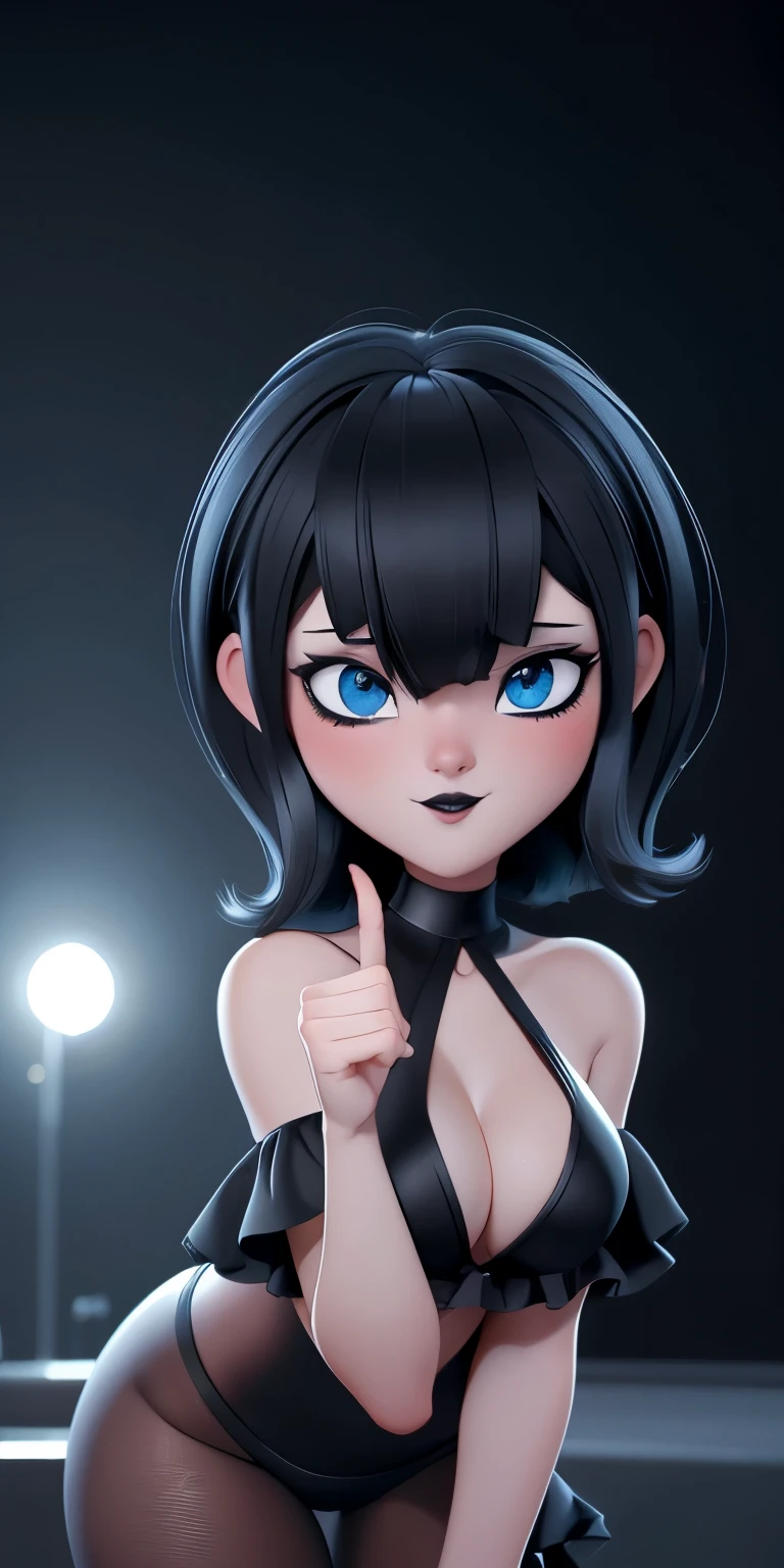 (best quality:1.4),(shiny skin), body focus, (cute face), (((best quality))), illustration, ((Beautiful Finger)), , Beautiful body, Beautiful character design, ,perfect lighting, Colorful, Bright_Front_face_Lighting, ultra high res, highres, absurdres:1.2, bokeh:1.2, lens flare, (vibrant_color:1.2), (thick thighs:1.1), THICK, Black hair with bangs, pale skin, large round blue eyes, black eyeliner, black lipstick, neutral expression, ruffled bikini