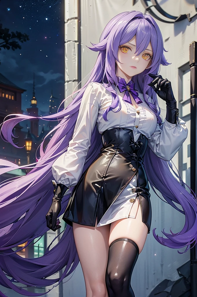 ((Masterpiece)),(( The best quality)), (detailed), expressive eyes, (Perfect face), 1 girl, (standing), (Sirin, Honkai Impact), (long purple hair), (yellow eyes, ojos detaileds), (sensual lips), (serious expression), (slim build), View from the front, carries giant scissors on his back, choker:1.6, (White collar button-down shirt with white long sleeves), Black gloves, gloves that cover the hands, (black leather corset), (shiny black miniskirt), (black boots), (path, dark forest, night) 