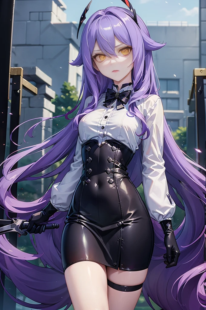 ((Masterpiece)),(( The best quality)), (detailed), expressive eyes, (Perfect face), 1 girl, (standing), (Sirin, Honkai Impact), (long purple hair), (yellow eyes, ojos detaileds), (sensual lips), (serious expression), (slim build), View from the front, carries giant scissors on his back, choker:1.6, (White collar button-down shirt with white long sleeves), Black gloves, gloves that cover the hands, (black leather corset), (shiny black miniskirt), (black boots), (path, dark forest, night) 