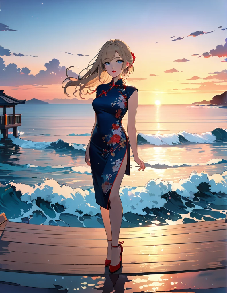 (masterpiece, best quality:1.2), illustration, anime, (wide shot), model shoot, long dark blonde hair, dark blue eyes, pretty lips, beautiful faces, beautiful eyes, Japanese traditional qipao , red high heel, back lighting, standing on pier, (ocean, glittering water surface), waves, scenery summer pier background, vibrant color, sunset, 8K, ultra HD
