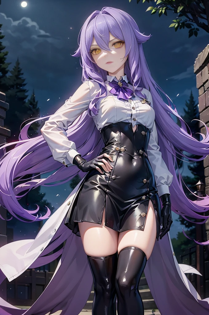 ((Masterpiece)),(( The best quality)), (detailed), expressive eyes, (Perfect face), 1 girl, (standing), (Sirin, Honkai Impact), (long purple hair), (yellow eyes, ojos detaileds), (sensual lips), (serious expression), (slim build), View from the front, carries giant scissors on his back, choker:1.6, (White collar button-down shirt with white long sleeves), Black gloves, gloves that cover the hands, (black leather corset), (shiny black miniskirt), (black boots), path, dark forest, night, moonlight