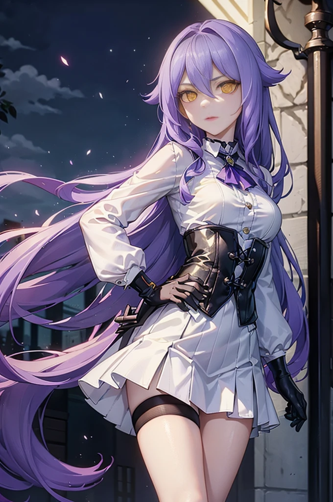 ((Masterpiece)),(( The best quality)), (detailed), expressive eyes, (Perfect face), 1 girl, (standing), (Sirin, Honkai Impact), (long purple hair), (yellow eyes, ojos detaileds), (sensual lips), (serious expression), (slim build), View from the front, carries giant scissors on his back, choker:1.6, (White collar button-down shirt with white long sleeves), Black gloves, gloves that cover the hands, (black leather corset), (shiny black miniskirt), (black boots), path, dark forest, night, moonlight