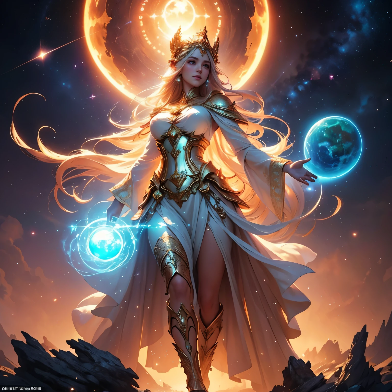 (masterpiece), Age 30, Beautiful goddess wearing white celestial dress, gold trim, holding a star, cosmic dress, glowing aura, full body view, golden sandals, gorgeous goddess of Leo, extremely high detail, celestial goddess, goddess Athena, goddess of space and time, goddess of light, beautiful celestial mage, goddess in cosmos, a stunning vision of a goddess, earth goddess mythology, faded pastel light-orange sky, starry background, ethereal fantasy, hyper-detailed mist, Thomas Kinkade, 8k resolution concept art by Greg Rutkowski, Artgerm, WLOP, dynamic lighting, hyper-detailed, intricately detailed, Splash art trending on Artstation, triadic colors, Unreal Engine 5 volumetric lighting