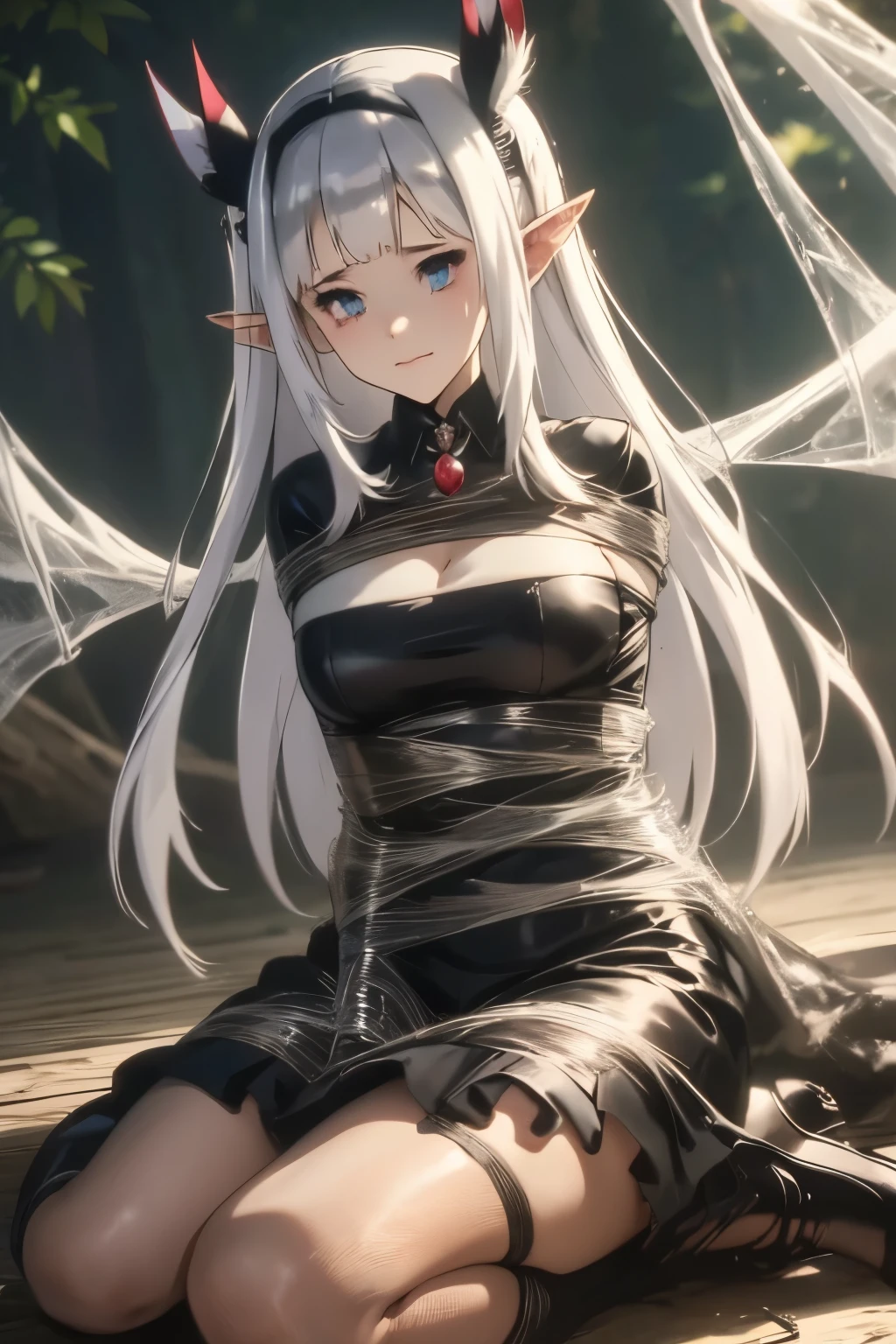 （（（ＳＦＷ、sound、Highest quality、first-clasasterpiece、Normal body、8k、Detailed face、Ultra-precision、Normal hand、Normal finger、５finger、Highest）））、A Laid-Back Farm in Another World、Lucy Lu、Vampire Princess、Vampire Princess、Great Sage Lulushi、Silver Hair、Long Hair、Twin tails、Full body view、kneel、全naked、naked、loss of clothing、Spider web bondage、Spider web all over、The whole body is wrapped in spider silk、Crying