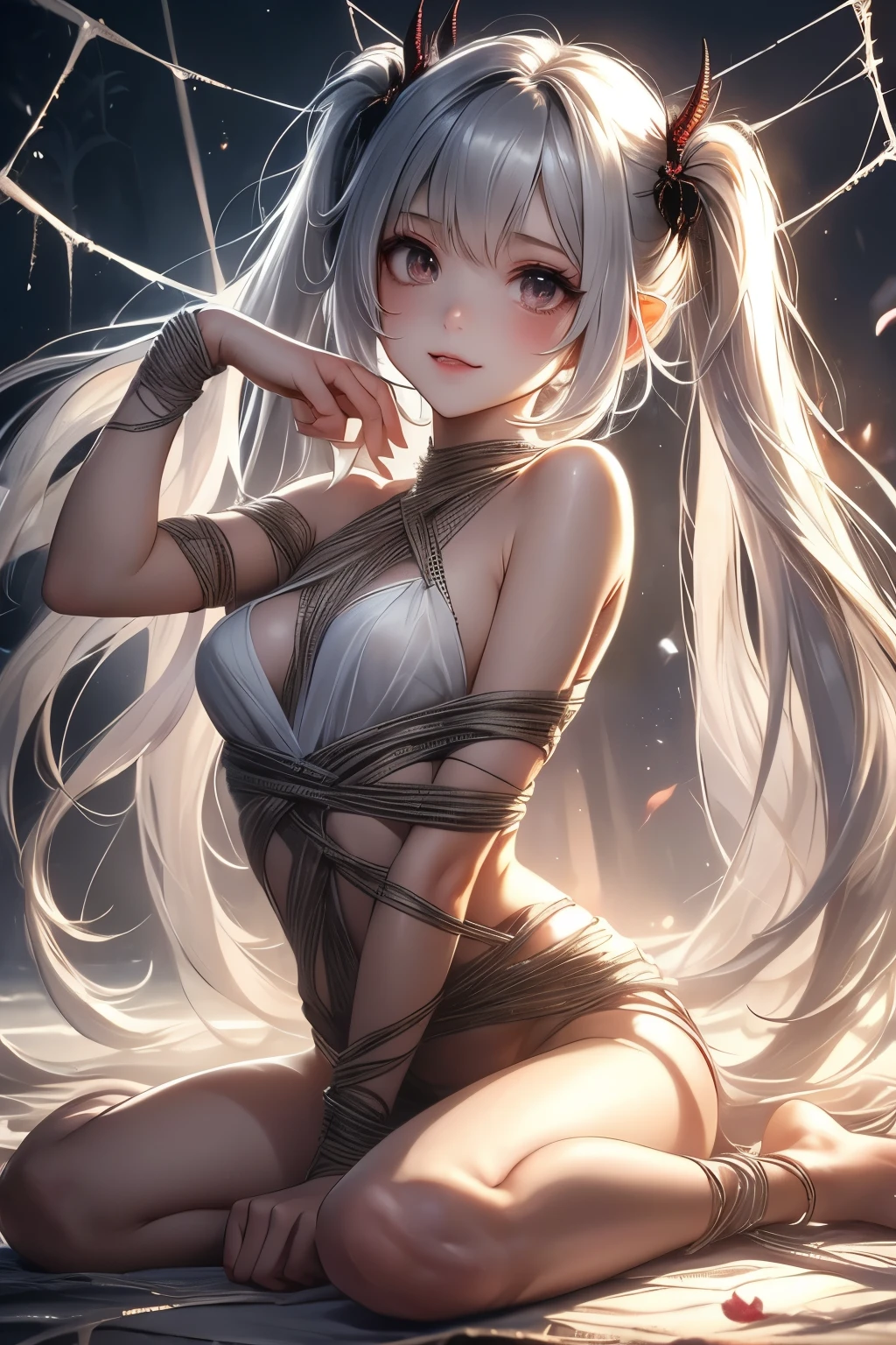 （（（ＳＦＷ、sound、Highest quality、first-clasasterpiece、Normal body、8k、Detailed face、Ultra-precision、Normal hand、Normal finger、５finger、Highest）））、A Laid-Back Farm in Another World、Lucy Lu、Vampire Princess、Vampire Princess、Great Sage Lulushi、Silver Hair、Long Hair、Twin tails、Full body view、kneel、全naked、naked、loss of clothing、Spider web bondage、Spider web all over、The whole body is wrapped in spider silk、Spider&#39;s Thread Mummy Crying