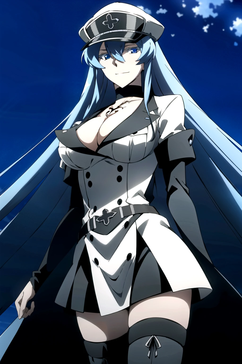Esdeath, (light smile), breasts, large breasts, (black hat), cleavage, choker, hair between eyes, (black uniform), military, (black military uniform), belt, (black skirt), thighhighs, tattoo, (black peaked cap), chest_tattoo, (simple dark background), outdoors, blue sky, facing the viewer, looking at the viewer,