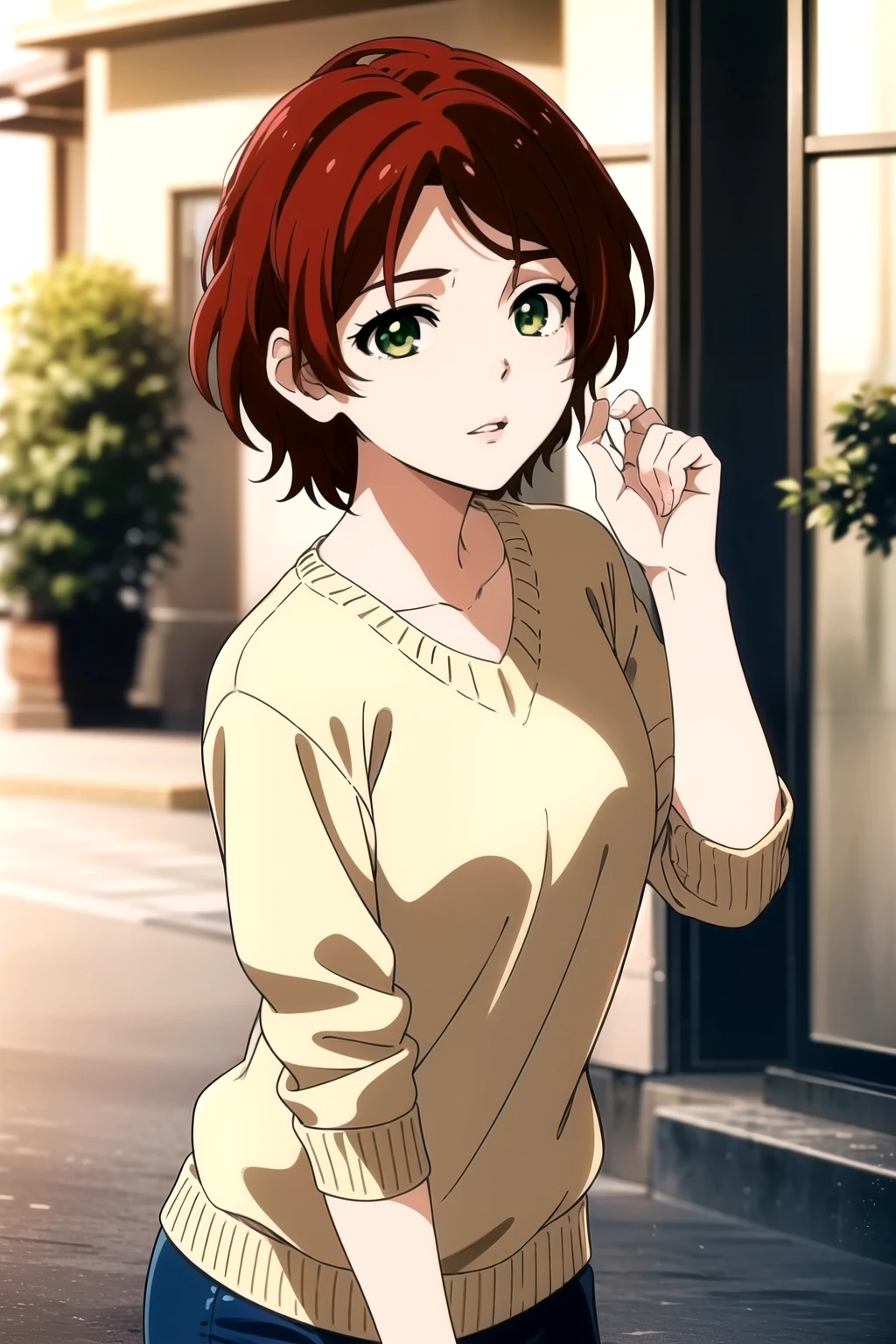 1girl, short red hair, beautiful detailed green eyes, beautiful detailed lips, blue sweater, Momoe Sawaki, (best quality,4k,8k,highres,masterpiece:1.2),ultra-detailed,(realistic,photorealistic,photo-realistic:1.37),cinematic lighting,soft warm colors,intricate details,elegant,graceful,delicate,serene,peaceful,tranquil